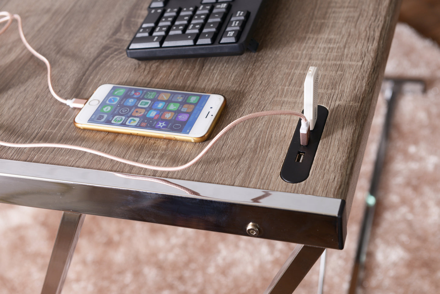 Sleek Weathered Oak Writing Desk with USB Charging Dock