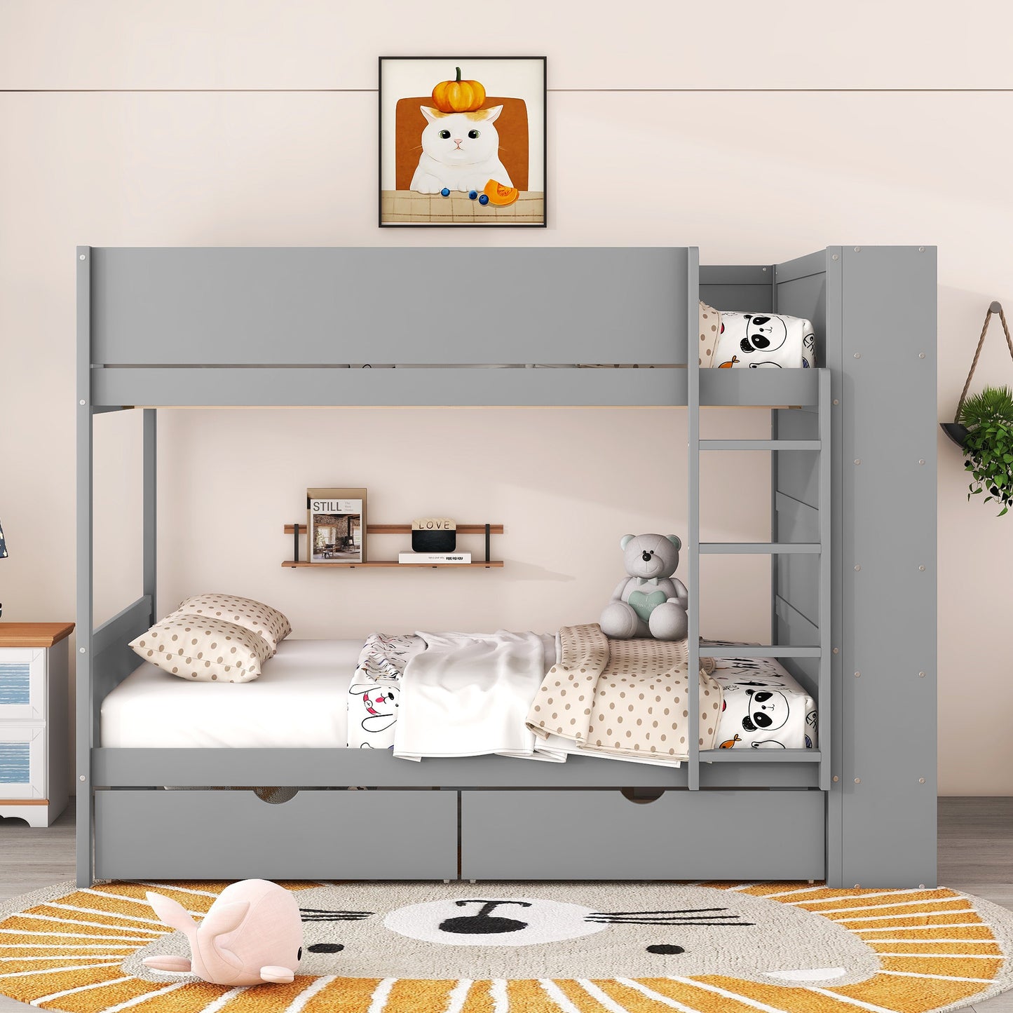 Gray Full over Full Bunk Bed with Storage Drawers and Cabinet for Kids