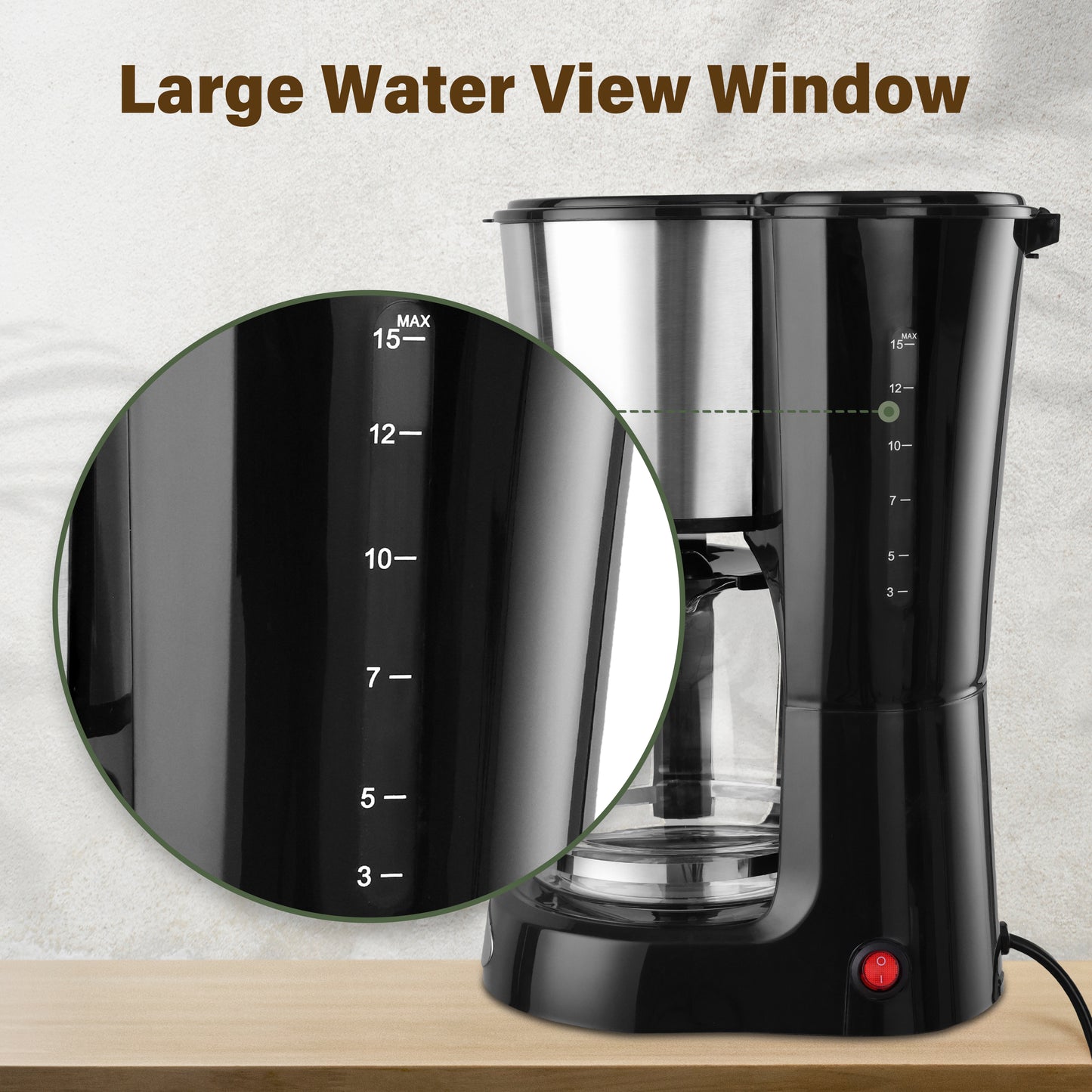 Drip Coffee Machine with 12-Cup Capacity, Anti-Drip Feature, Automatic Keep Warm Function, Clear Water Level Indicator, Compact Black Coffee Maker, Stainless Steel