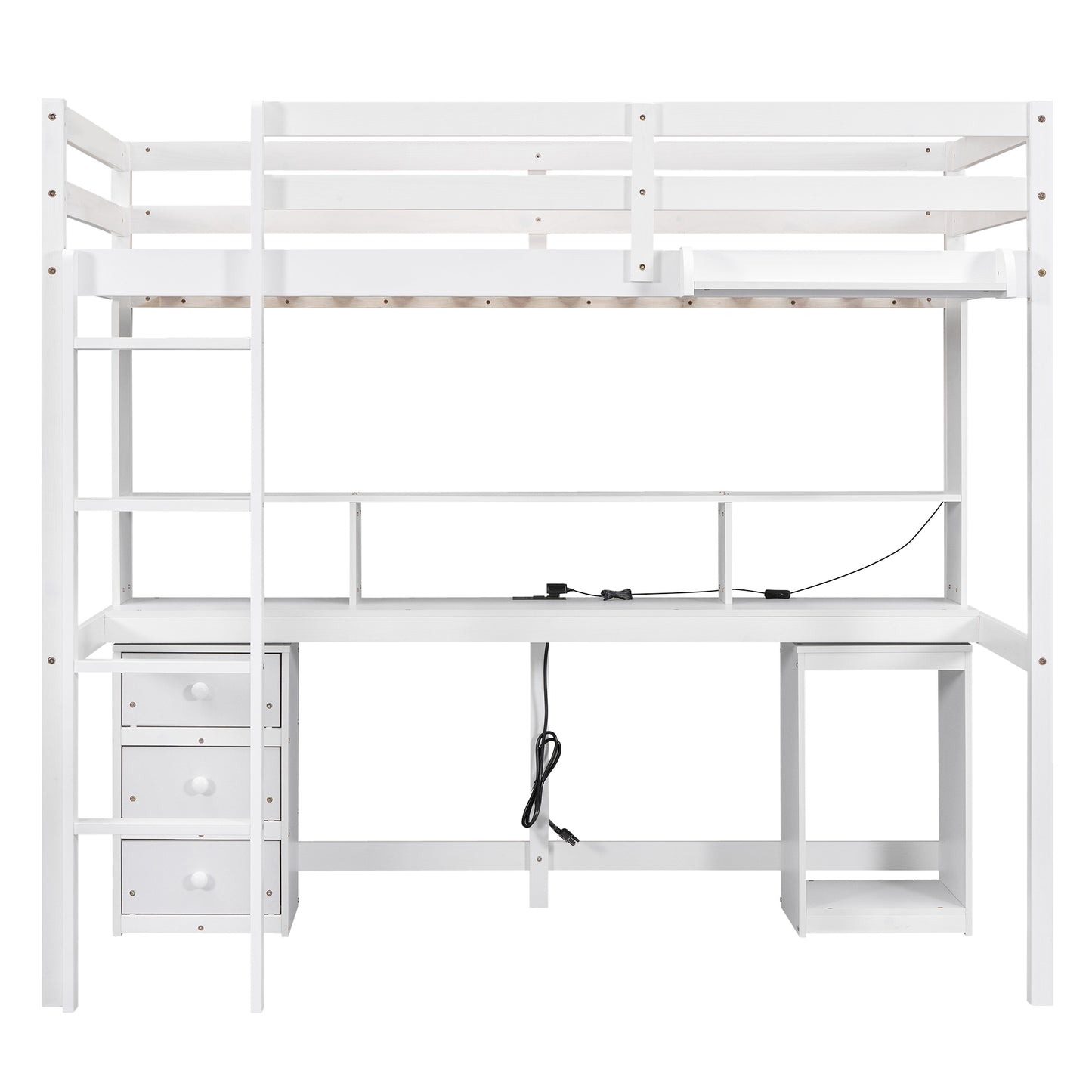 Twin Size Loft Bed with Multi-storage Desk, LED light and Bedside Tray, Charging Station, White