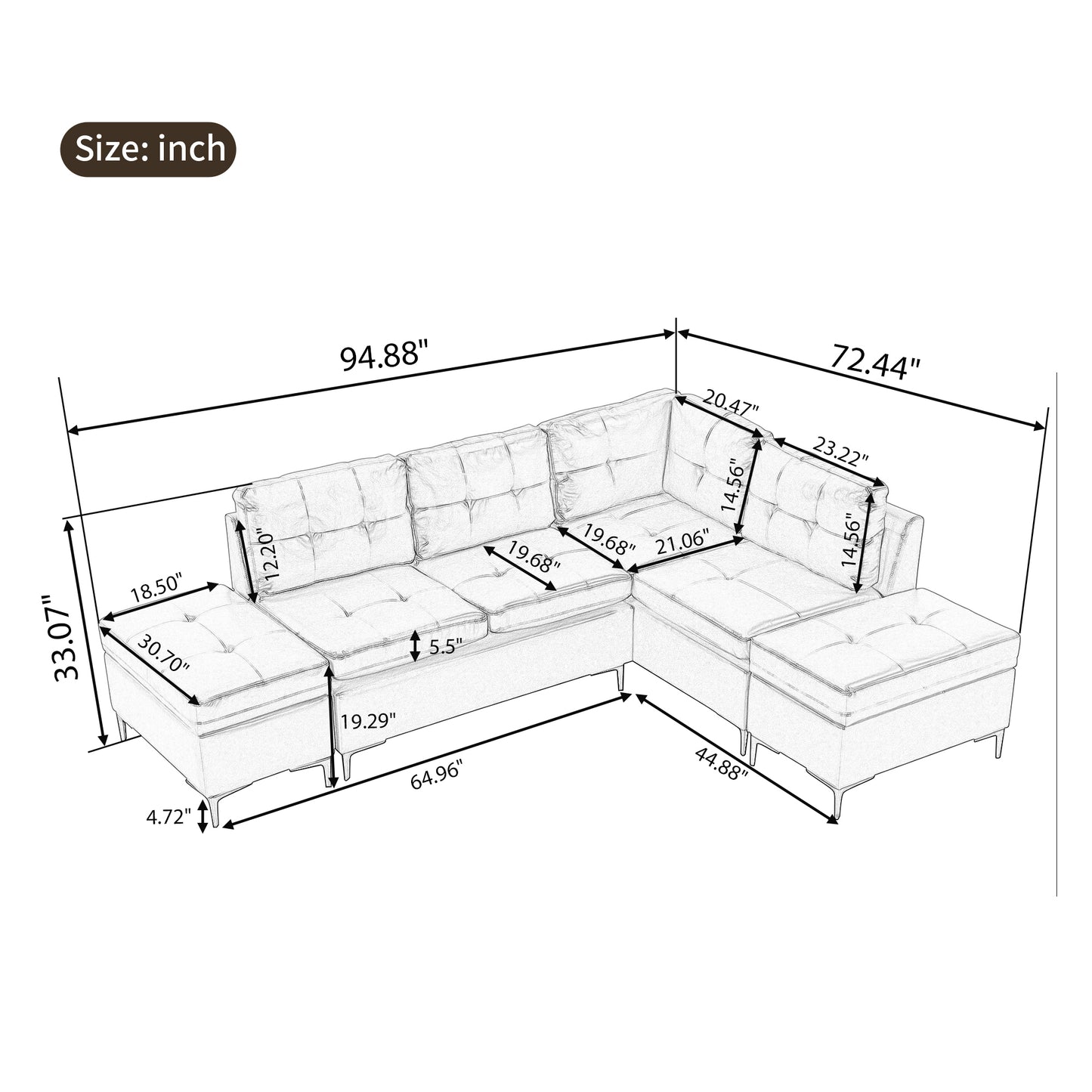 Blue L-Shaped Sectional Sofa Set with Movable Storage Ottomans