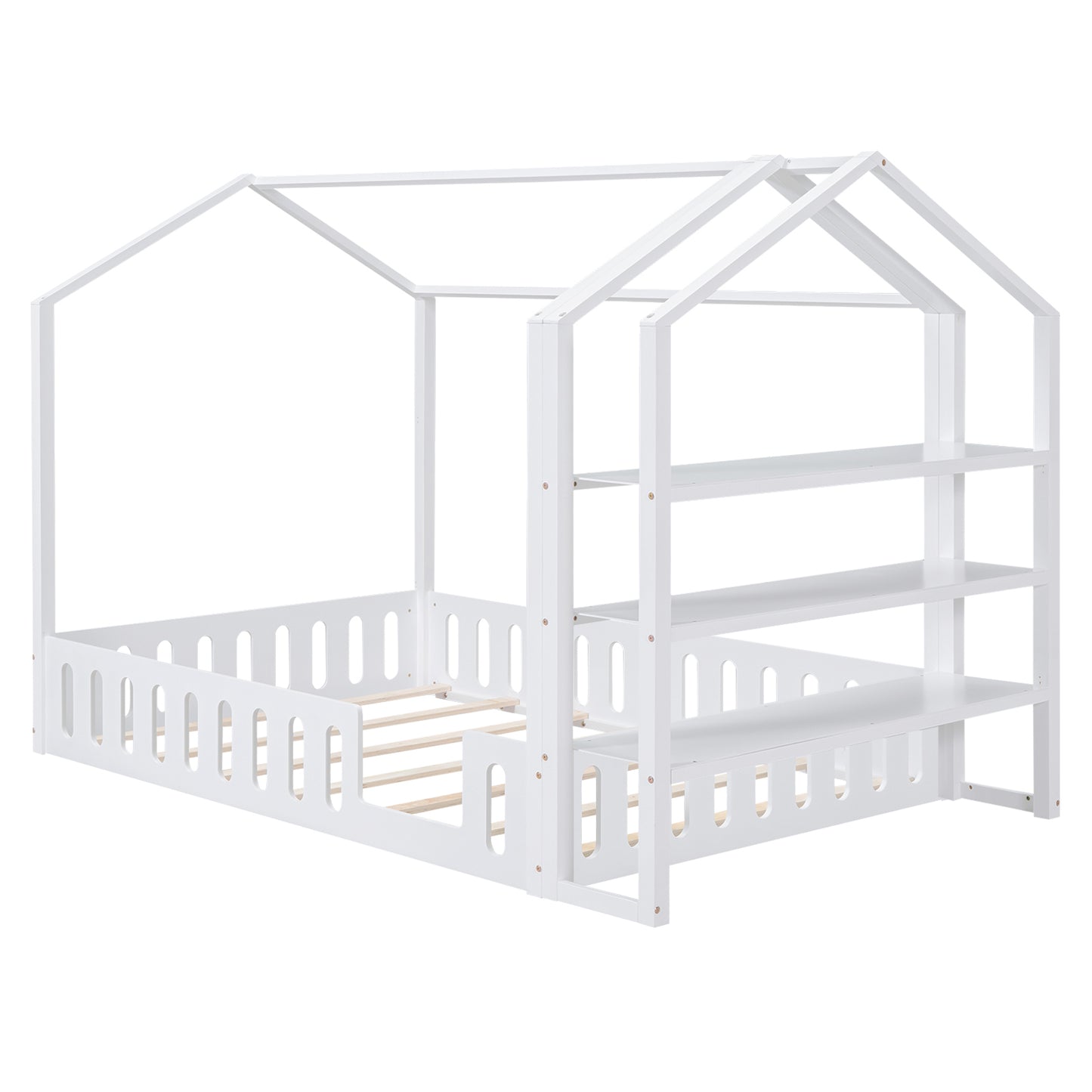 Full Size Wood House Bed with Fence and Detachable Storage Shelves, White(Expected Arrival Time: 1.7)