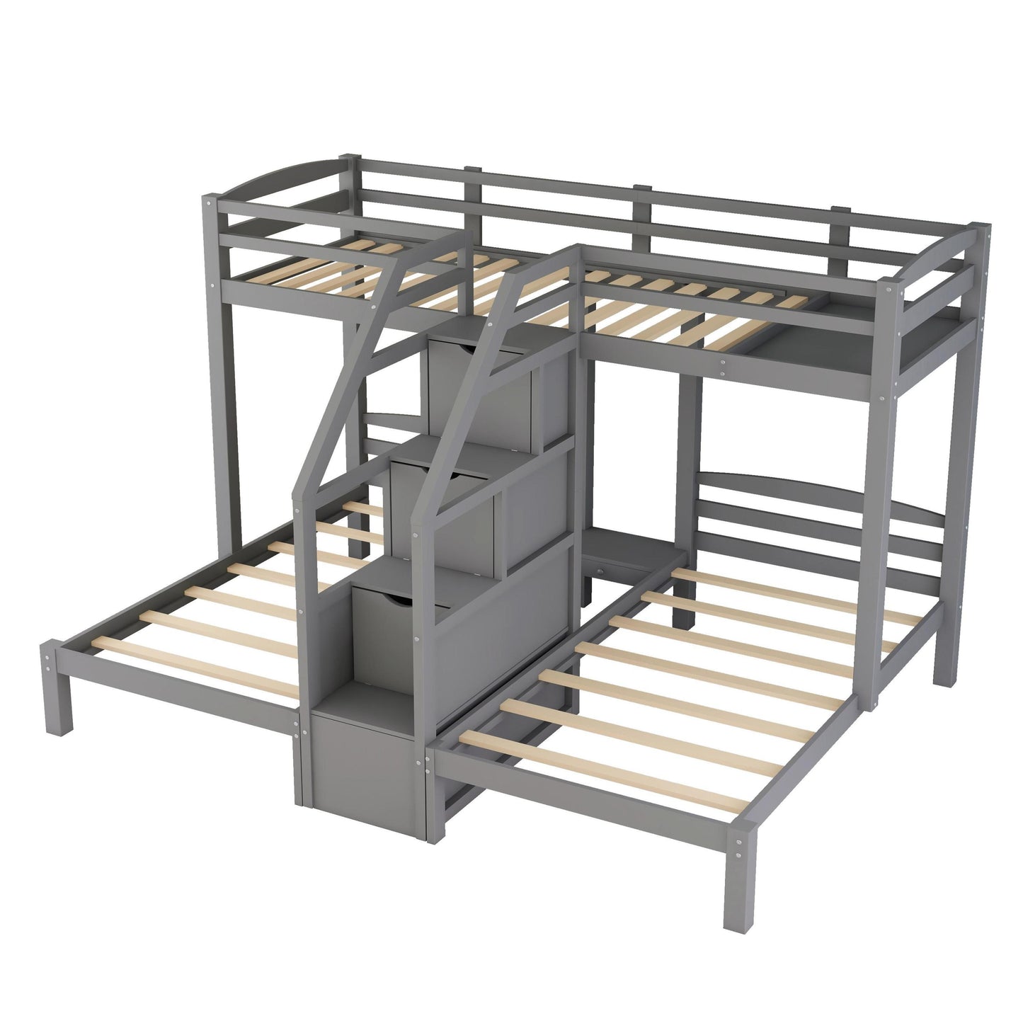 Gray Triple Twin Bunk Bed with Staircase and Storage Drawer