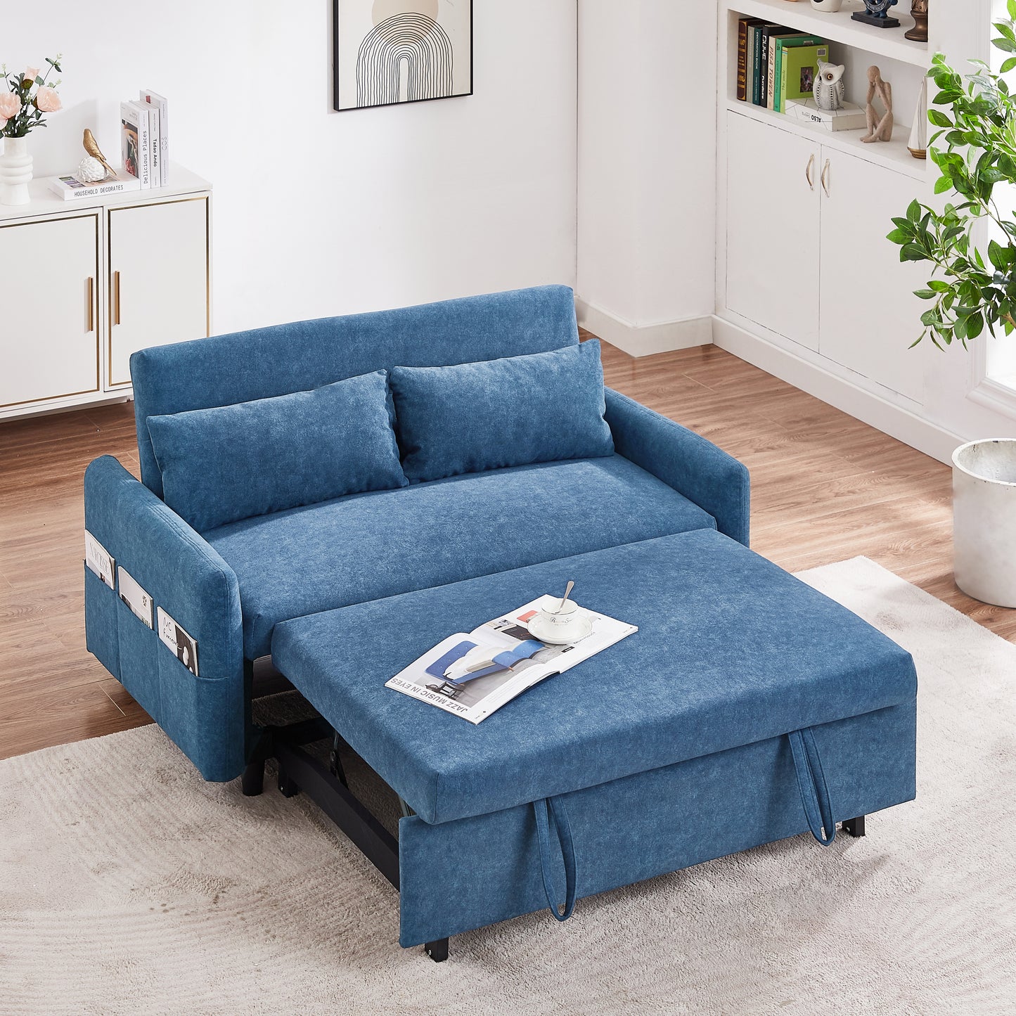 55.1 Blue Pull Out Sleeper Loveseat Sofa Bed with Adjustable Backrest and USB Ports