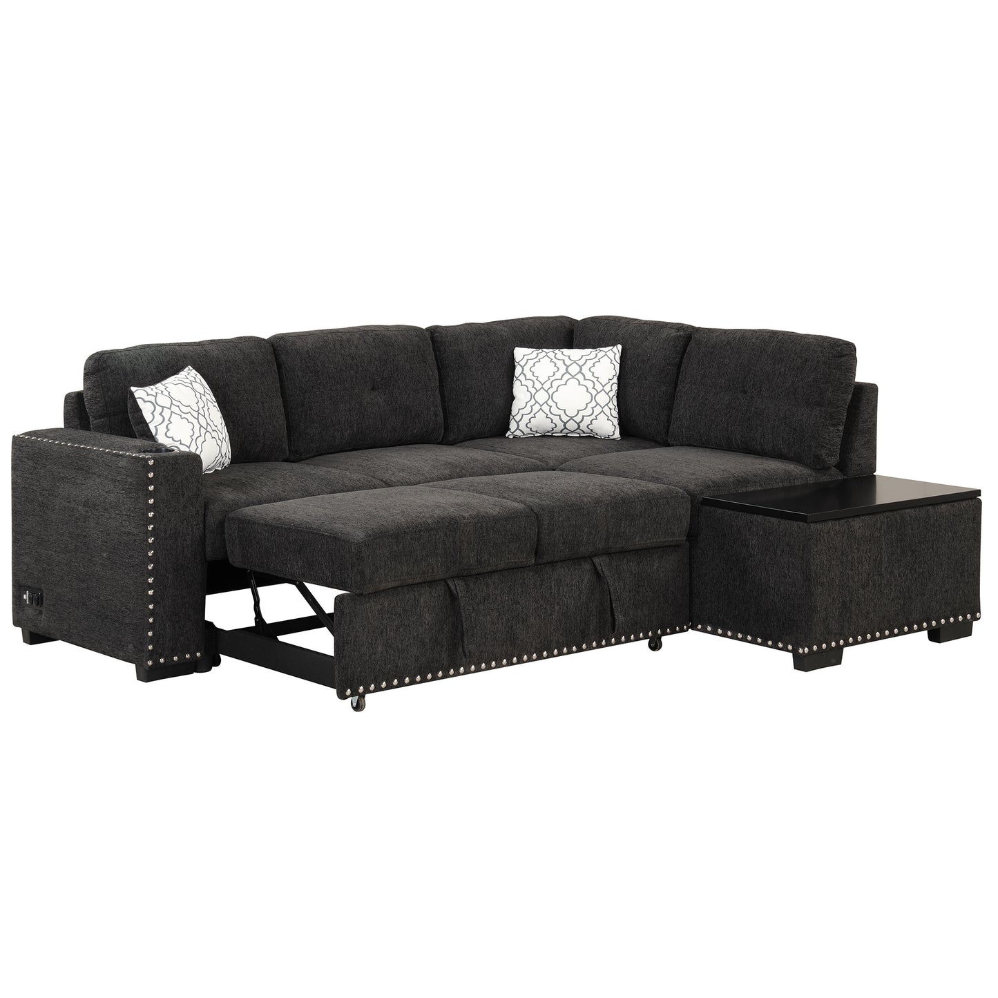 83.8 L-Shaped Reversible Sectional Sleeper Sofa with Cup Holder and USB Ports, Black