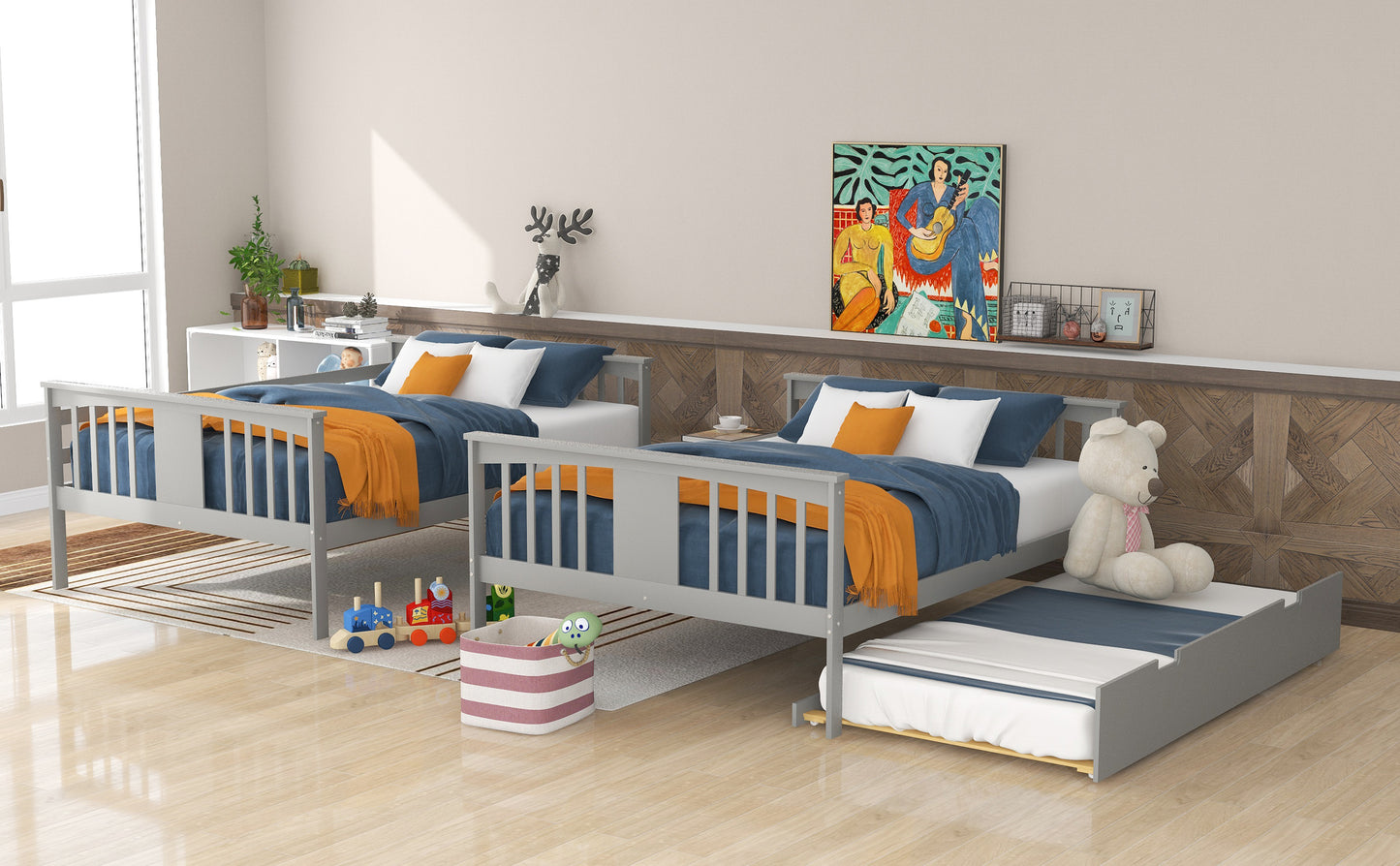 Space-Saving Gray Full over Full Bunk Bed with Twin Trundle and Ladder