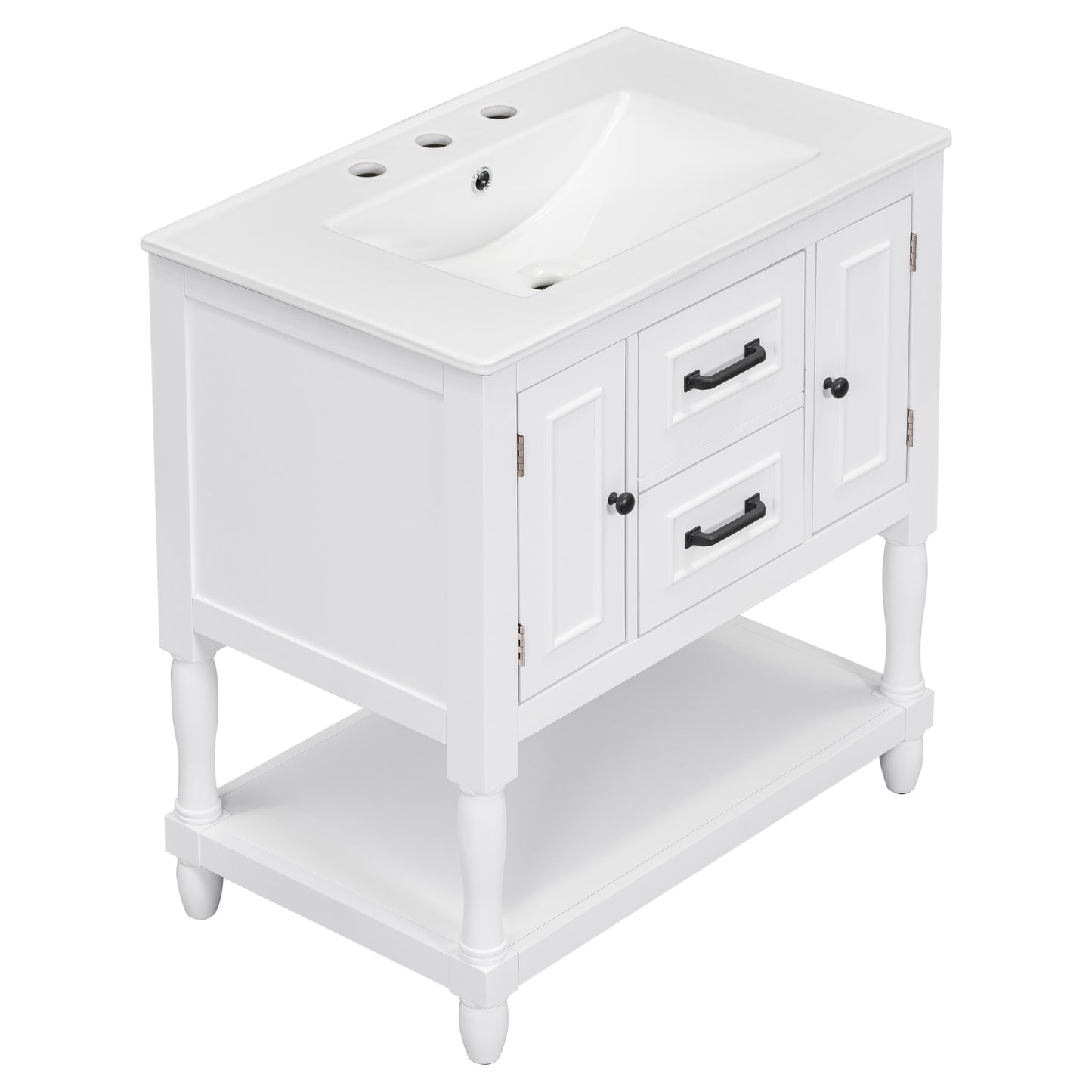 30" Bathroom Vanity with Sink Top, Bathroom Vanity Cabinet with Two Doors and Two Drawers, Solid Wood Frame, One Package, White