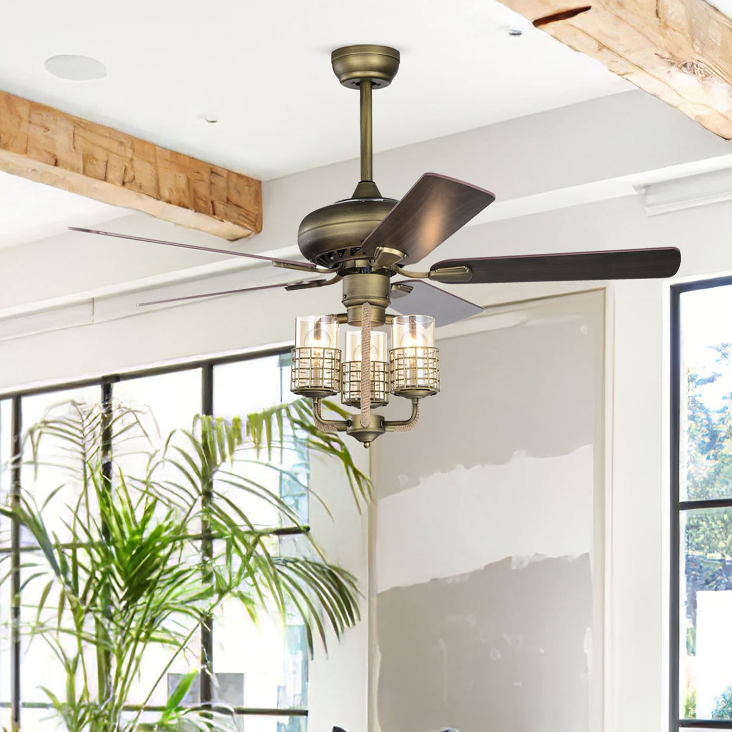 Vintage Style 52-inch Bronze Metal Ceiling Fan with Wood Blades and Remote Control
