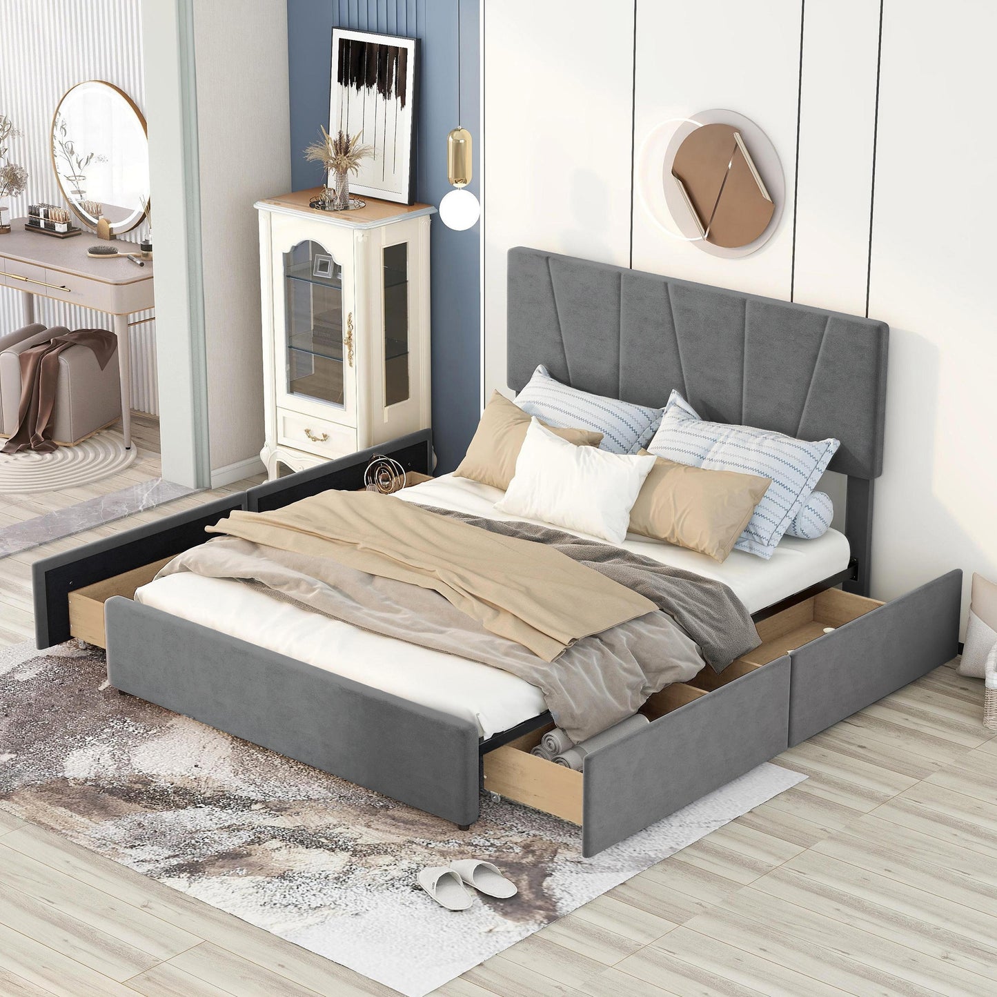 Queen Size Upholstery Platform Bed with Four Drawers on Two Sides, Adjustable Headboard, Grey(: WF291774EAA)