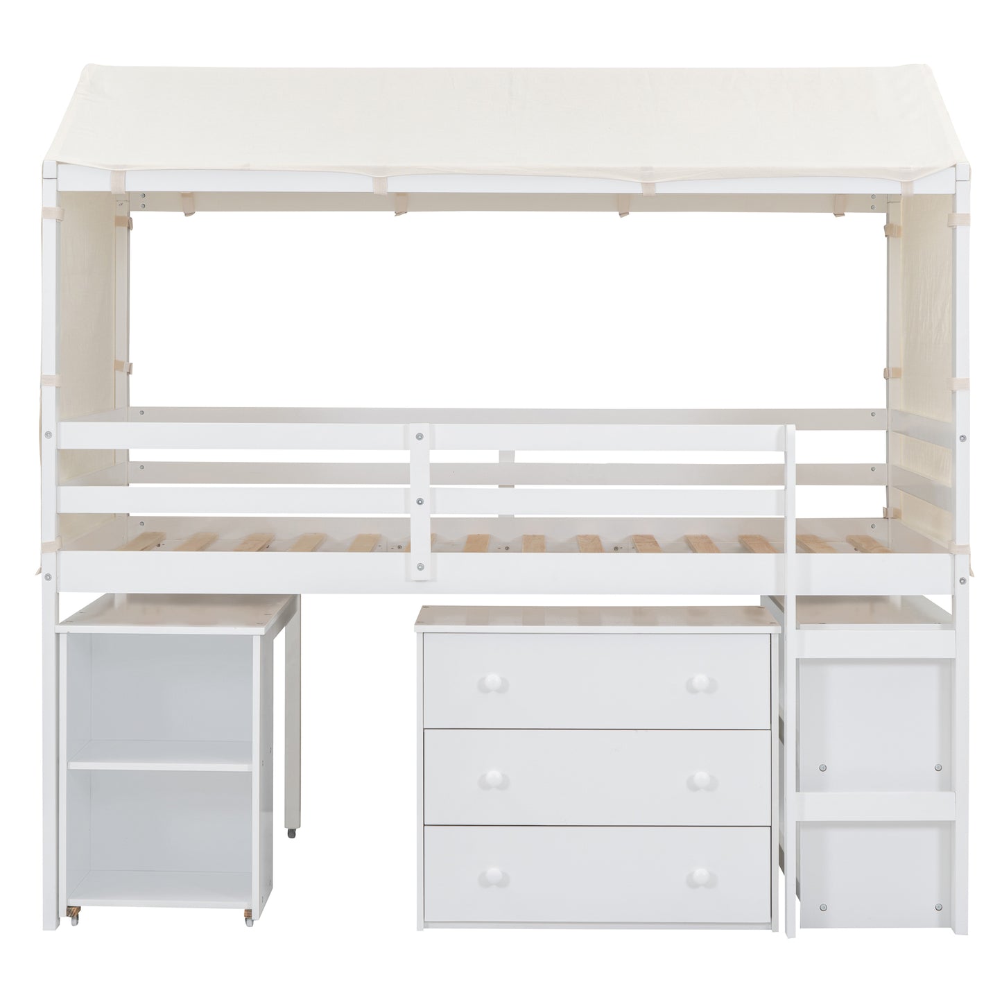 Twin Size Loft Bed with Rolling Cabinet, Shelf and Tent - White