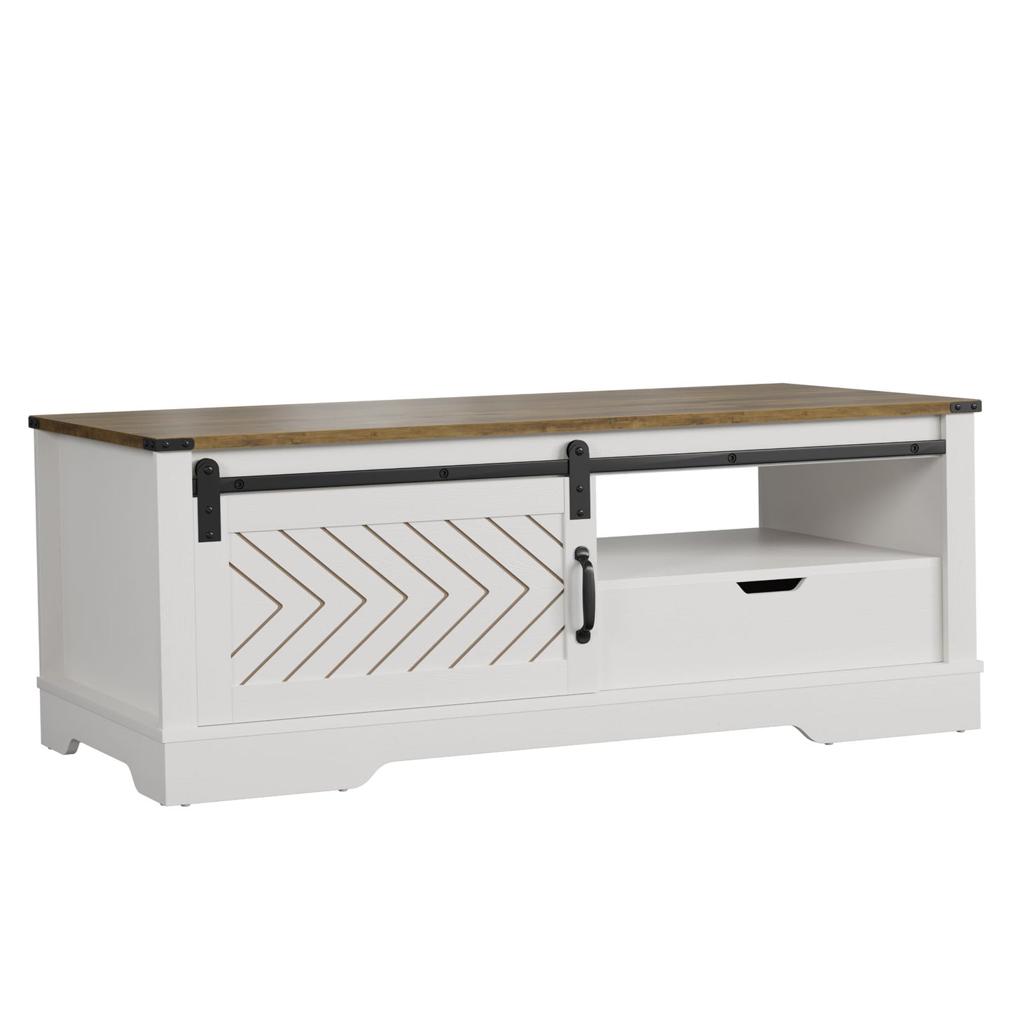 Barn Style Sliding Coffee Table with Ample Storage in White & Oak