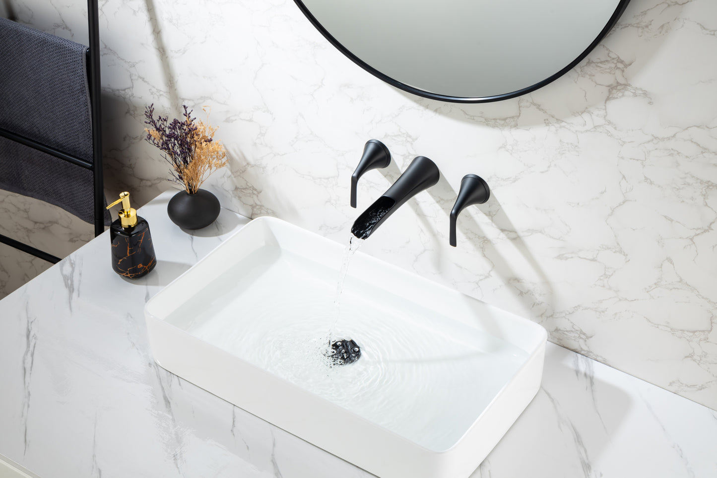 Sleek Matte Black Wall Mounted Bathroom Sink Faucet with Double Lever Handles & Rough-in Valve