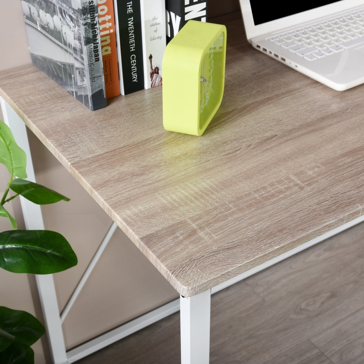 Minimalist Industrial Writing Desk with White and Oak Finish, Versatile Study Table