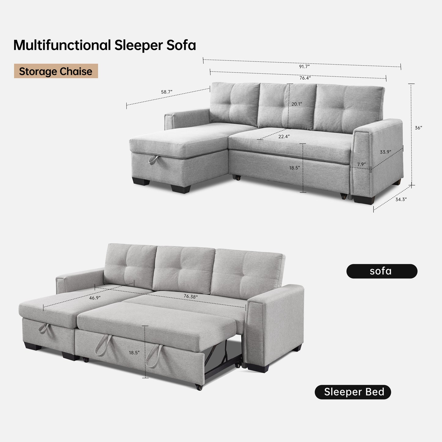 Modular Reversible Sleeper Sectional Sofa with Storage Chaise - Light Grey