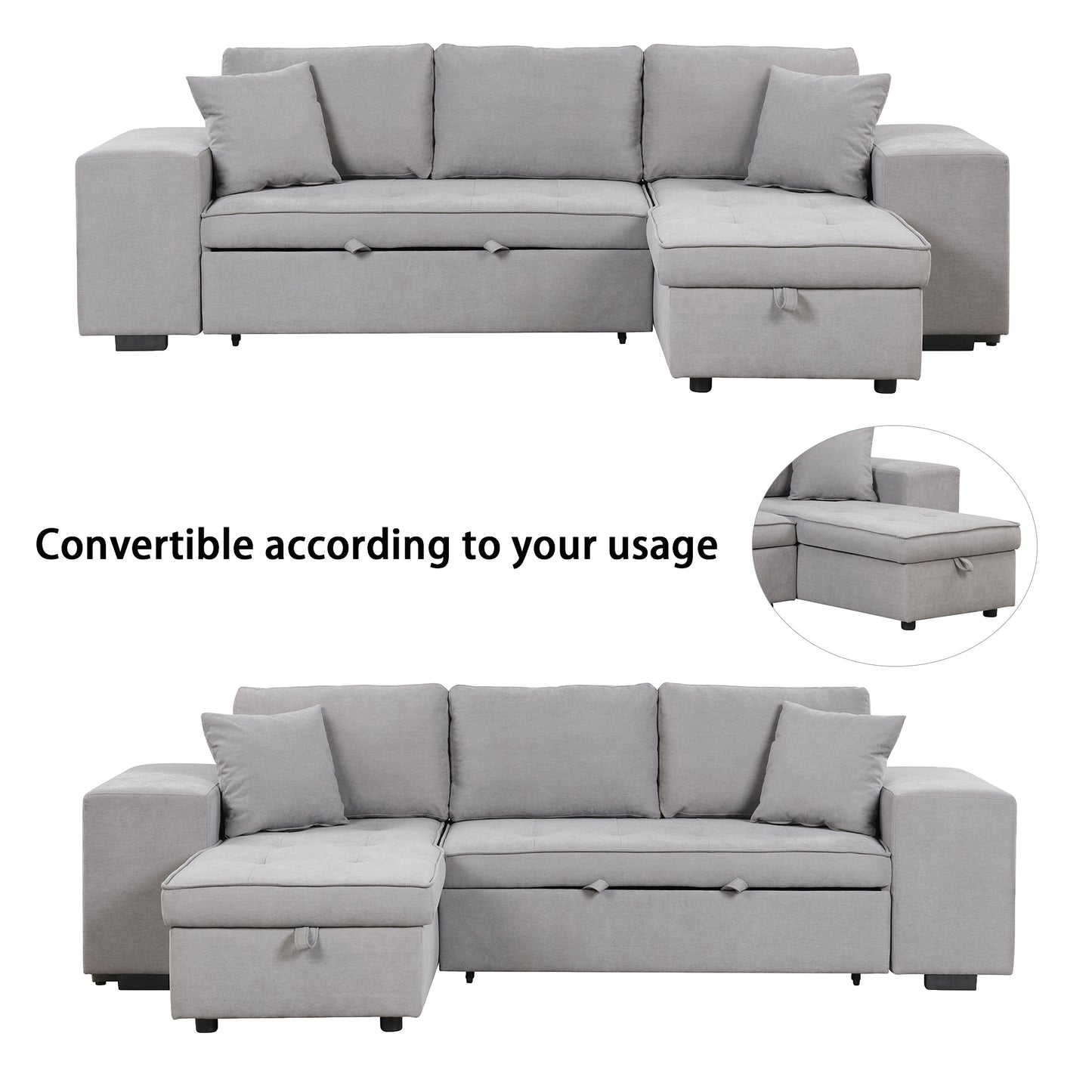 Gray L-Shape Sleeper Sectional Sofa with Storage Chaise and 2 Stools