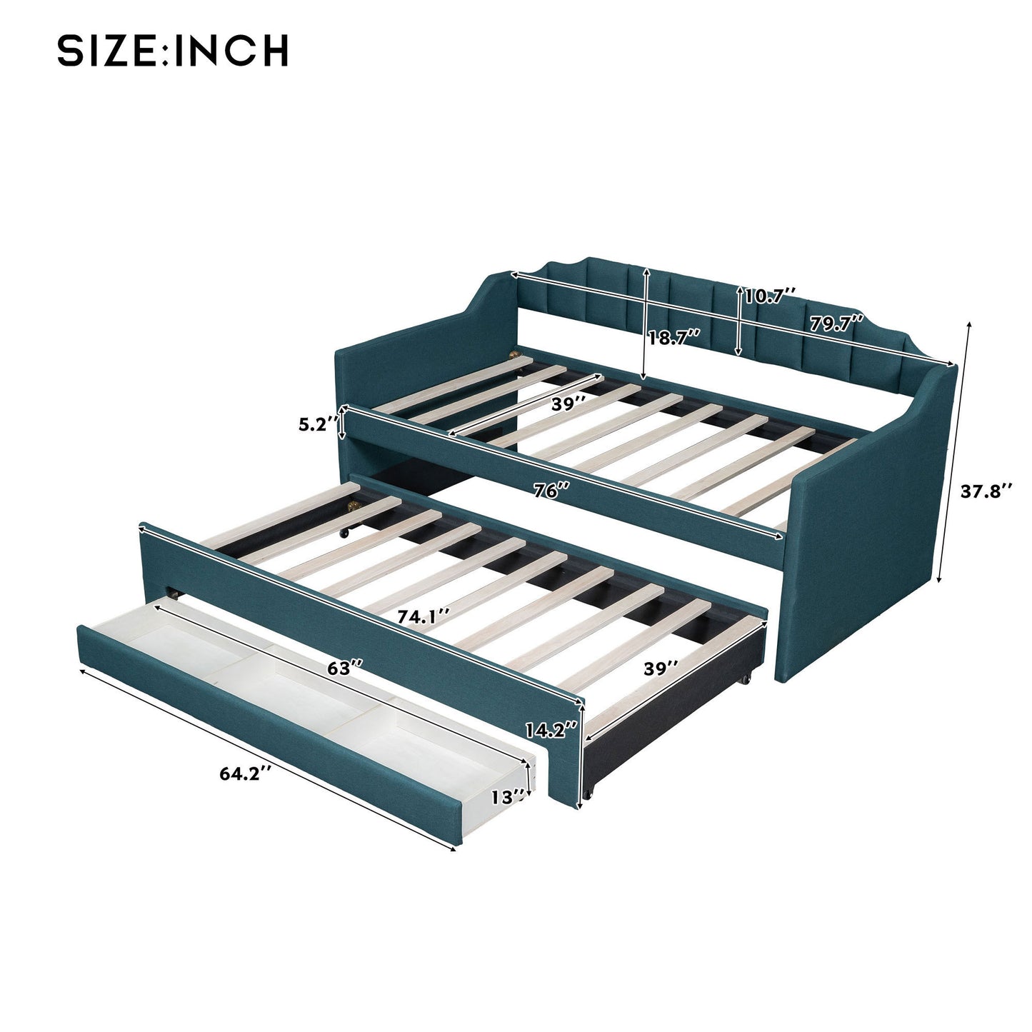 Twin Size Upholstered Daybed with Trundle and Three Drawers,Green