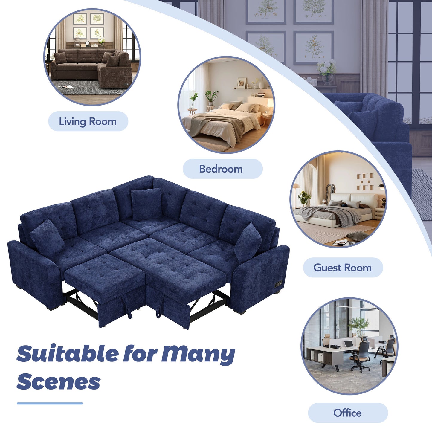 Convertible Navy Blue L-Shape Sleeper Sofa with USB Ports and Power Sockets