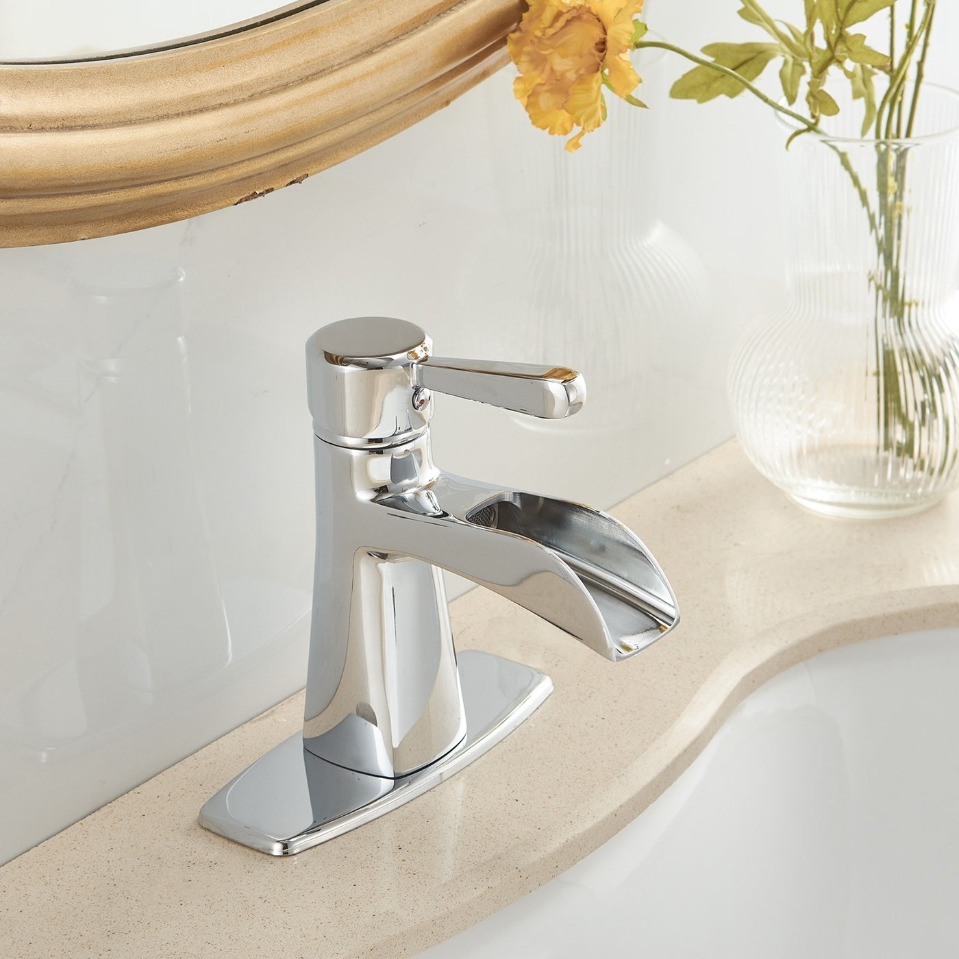 Chrome Waterfall Bathroom Sink Faucet with Single-Handle Low-Arc Design and Pop-up Drain