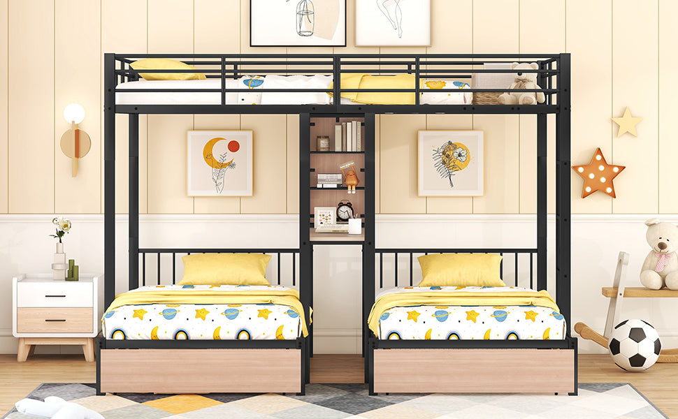 Full Over Twin & Twin Bunk Bed with Desks, Shelves, and Drawers in Black Metal Frame