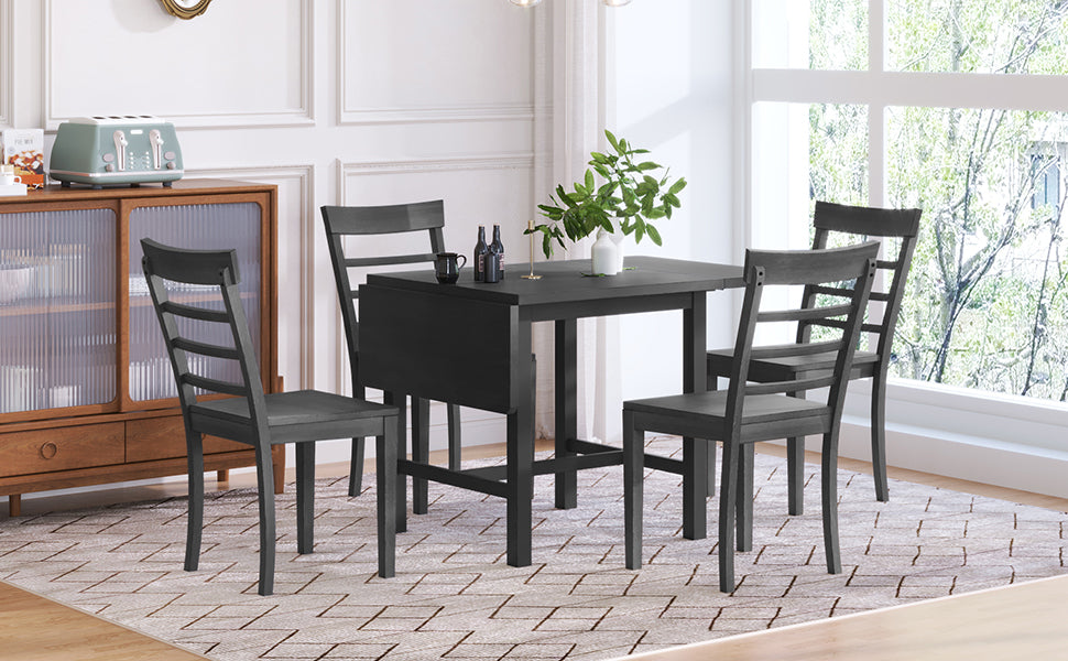 5-Piece Wood Square Drop Leaf Breakfast Nook Extendable Dining Table Set with 4 Ladder Back Chairs for Small Places, Gray