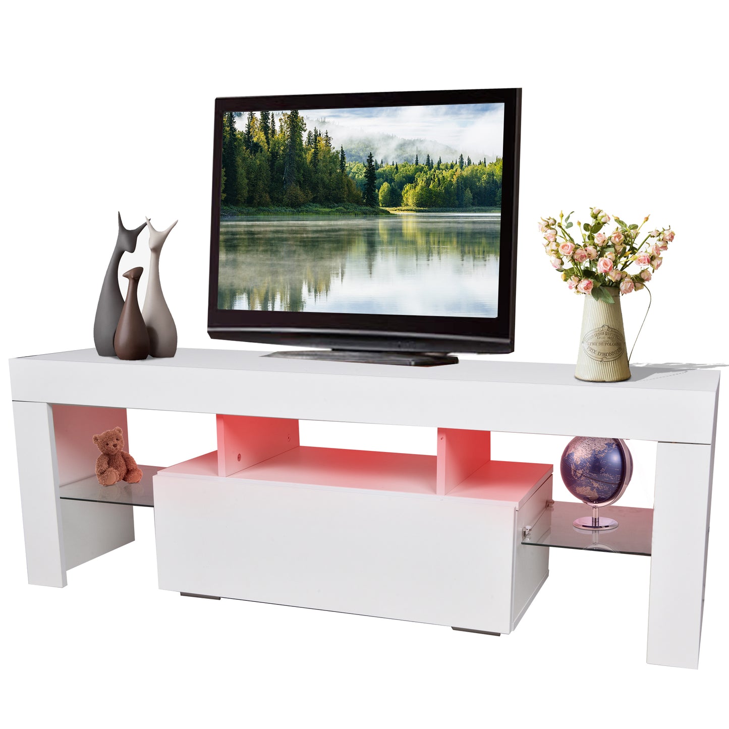 43-Inch White LED TV Stand with Color-Changing Lights and Spacious Storage