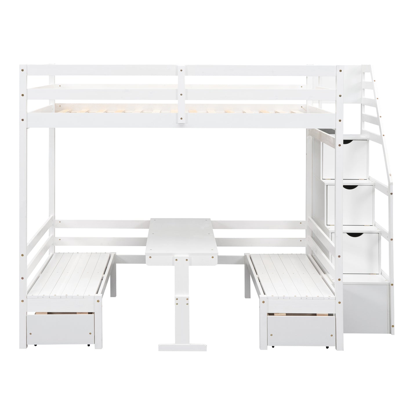 Full over Full Size Bunk with staircase,the Down Bed can be Convertible to Seats and Table Set,White