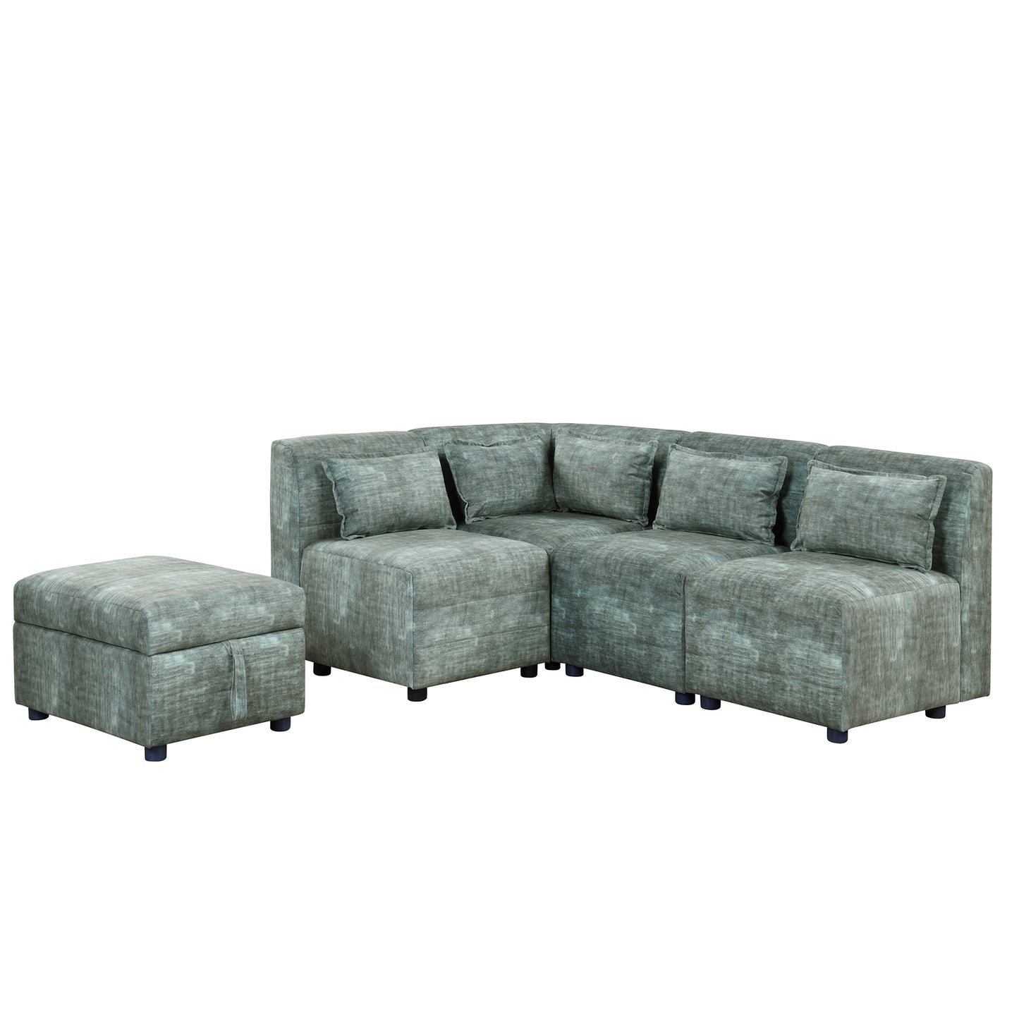 Endless Lounge Creations: Free-Combined Blue-Green Sectional Sofa with Storage Ottoman and 5 Pillows