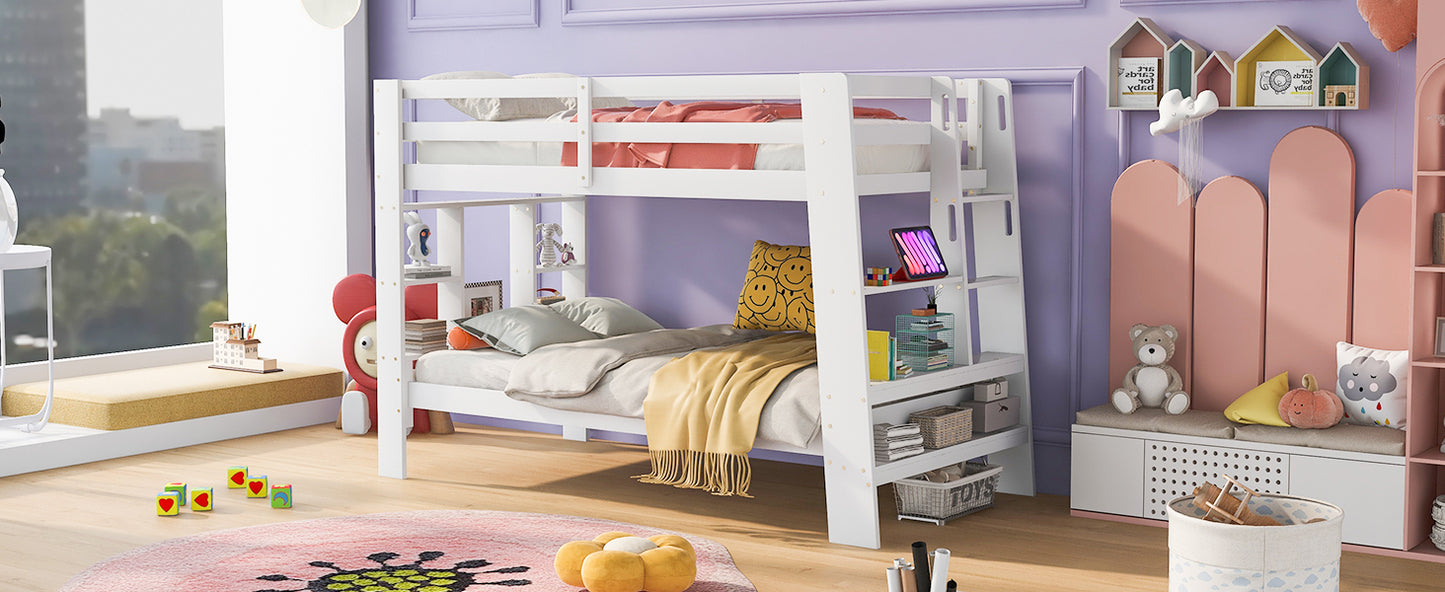 White Bunk Bed with Twin Shelves and Built-in Ladder