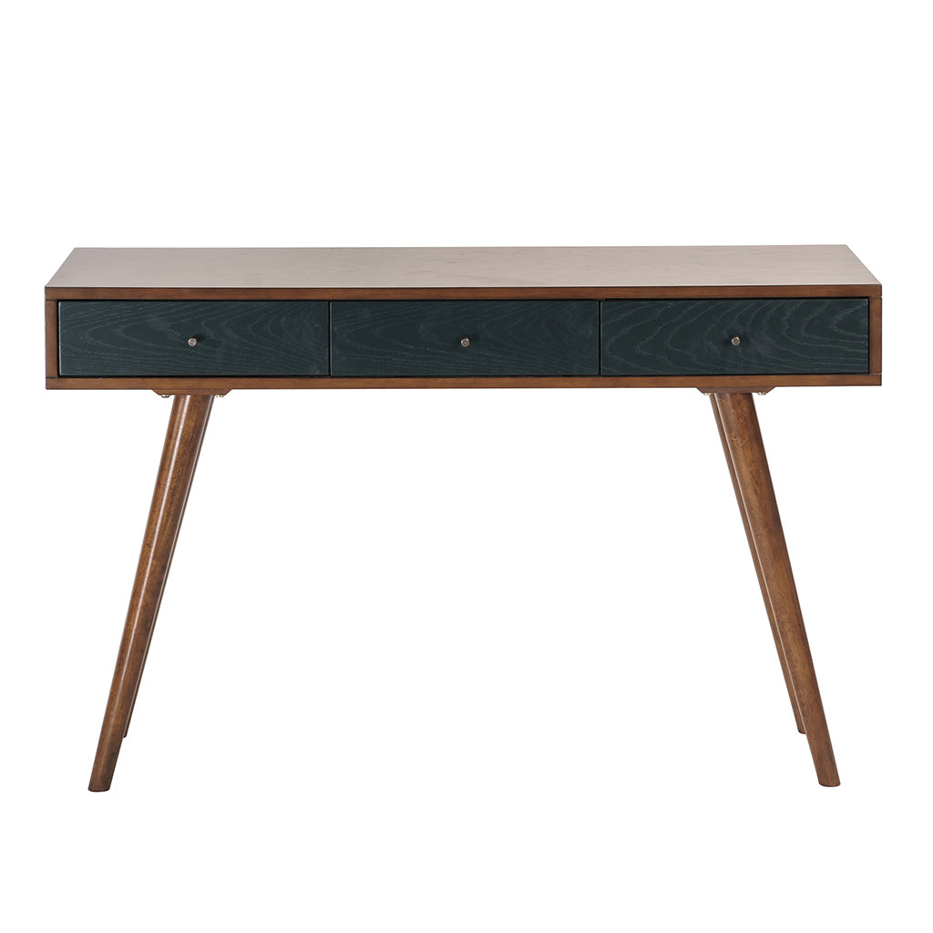 Transitional 3 Drawer Writing Desk in Pecan Finish with Navy Accents