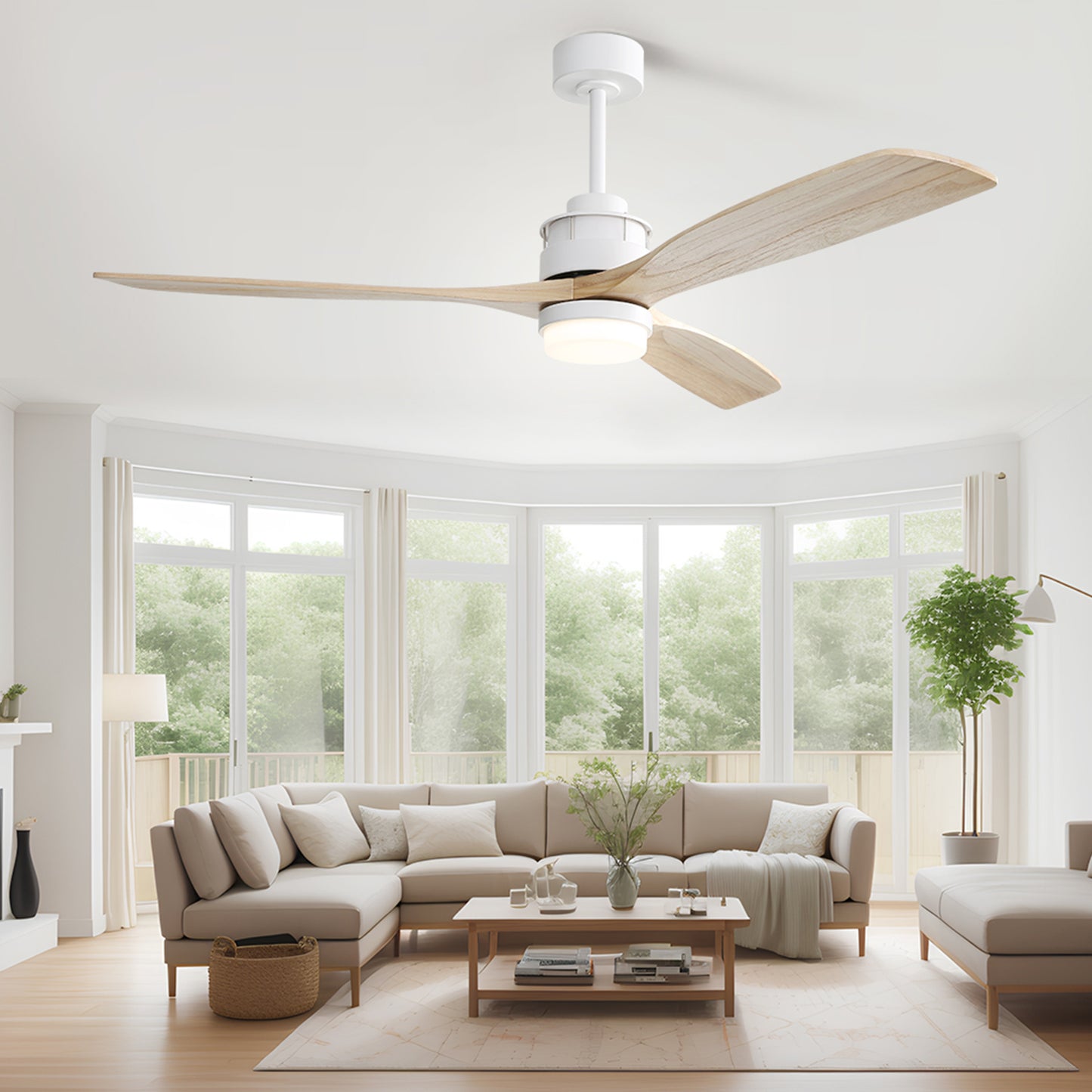 60 Inch Contemporary Ceiling Fan with Remote Control, 3 Mahogany Solid Wood Blades, Suitable for Indoor and Outdoor Use