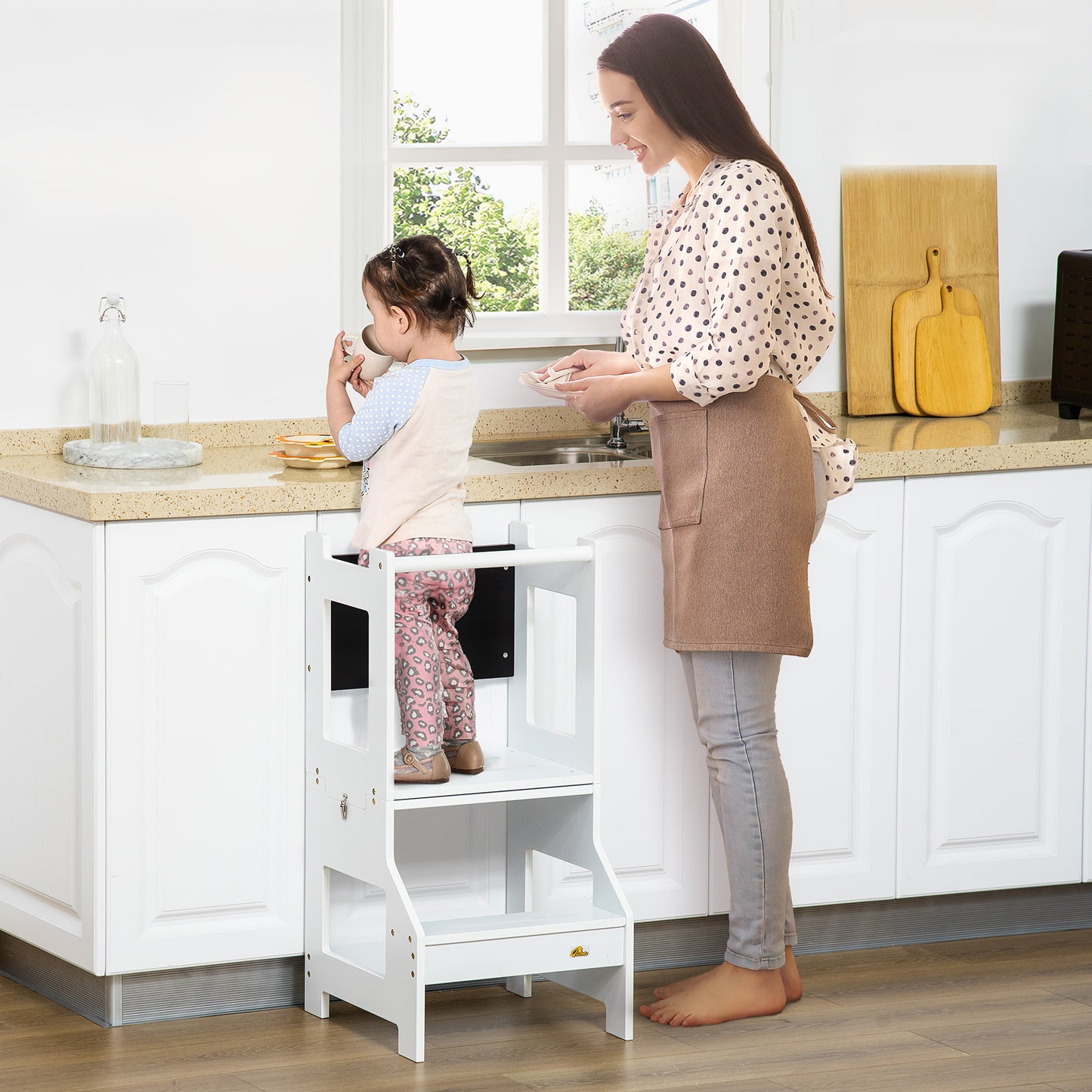 Qaba Kids Kitchen Step Stool, 2 in 1 Kitchen Table Set Toddler Standing Tower with Chalkboard, Safety Rail for Kitchen, Bathroom, Bedroom, White