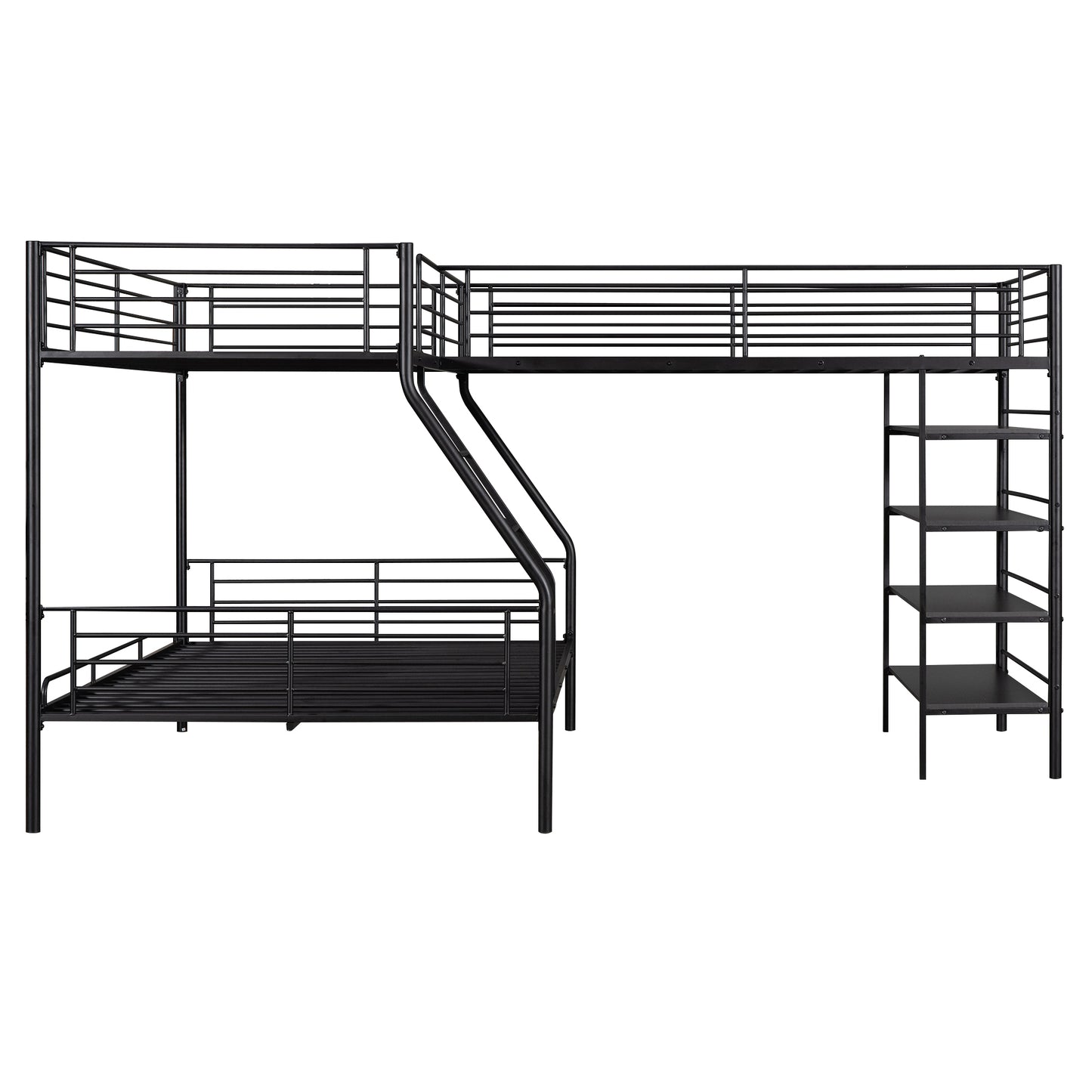 Triple Sleeper Bunk Bed with Loft, Shelves, and L-Shape Design, Black Metal