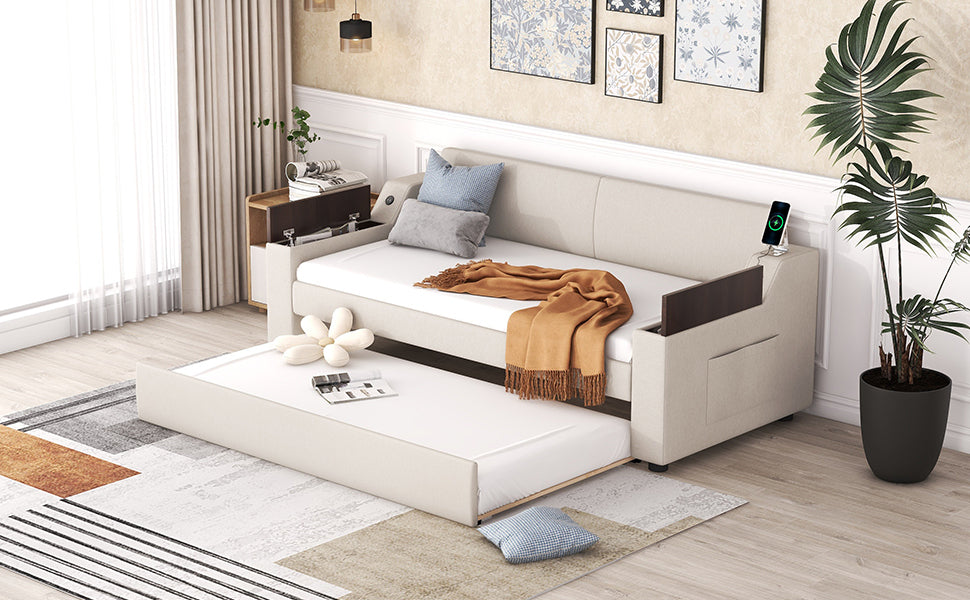 Twin Size Upholstery Daybed with Storage Arms, Trundle and USB Design, Beige