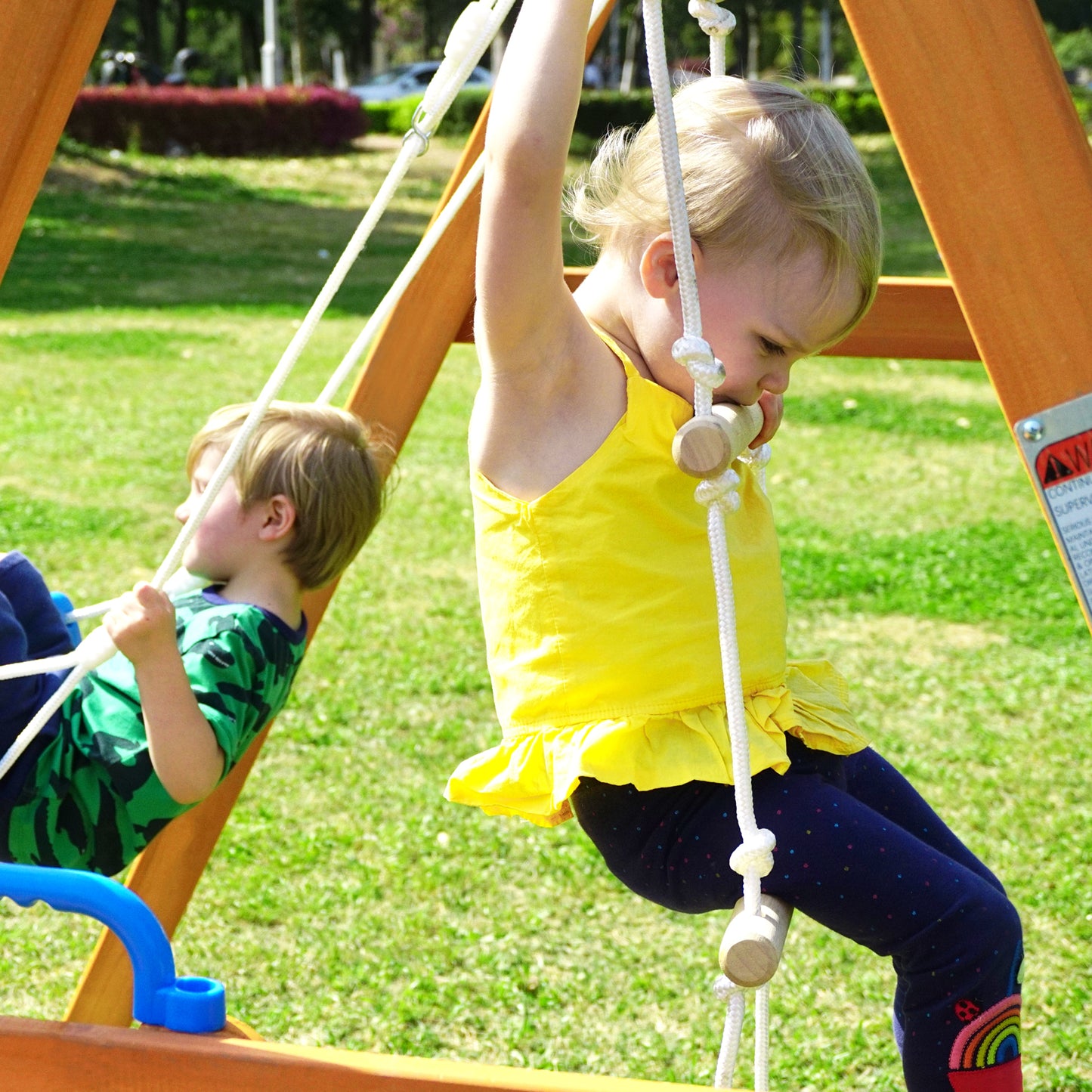 Wooden Outdoor Swing Set with Slide, Climbing Rope Ladder, and Swing for Kids