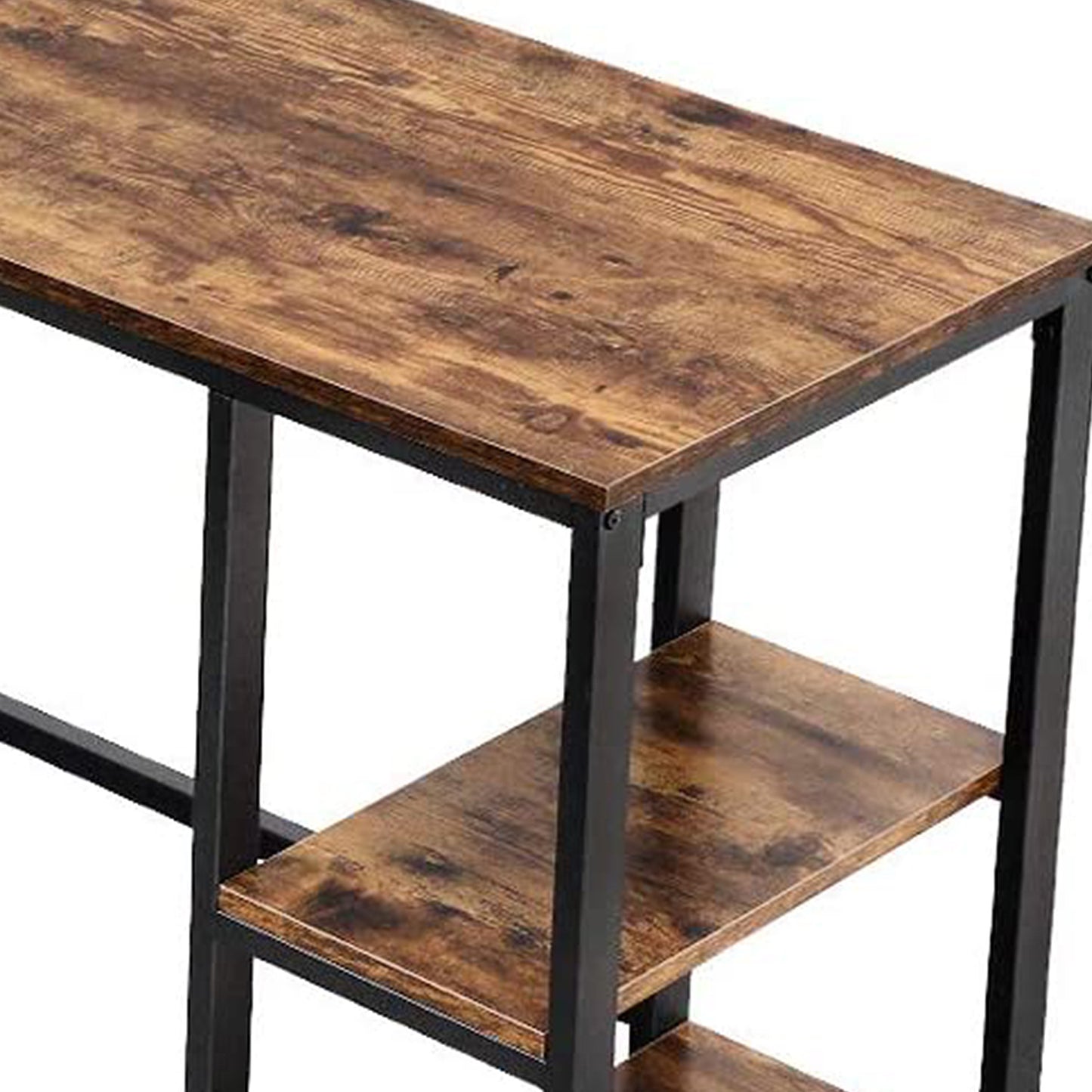 L-Shaped Oak and Iron Computer Desk with 2 Shelves, Walnut and Charcoal Gray