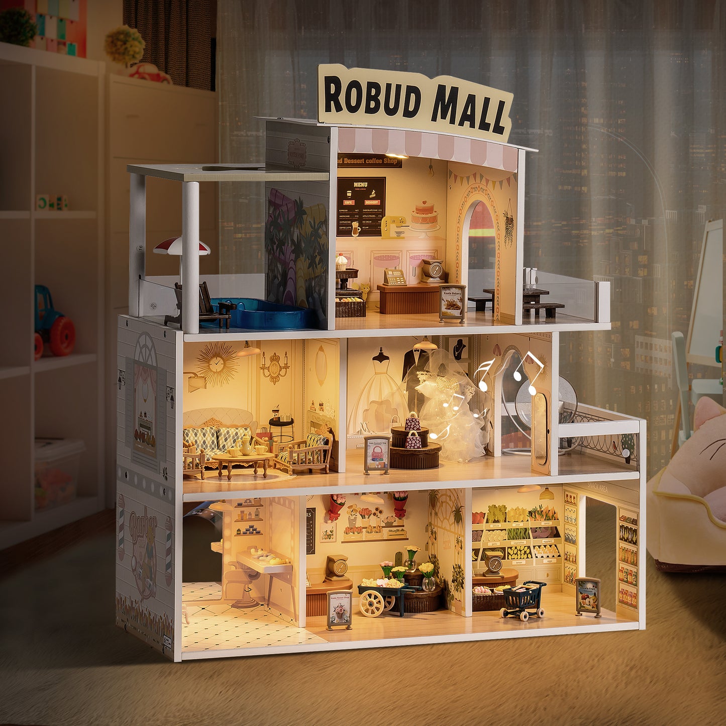 Wooden Shopping Mall Dollhouse with Functional Areas for Imaginative Play