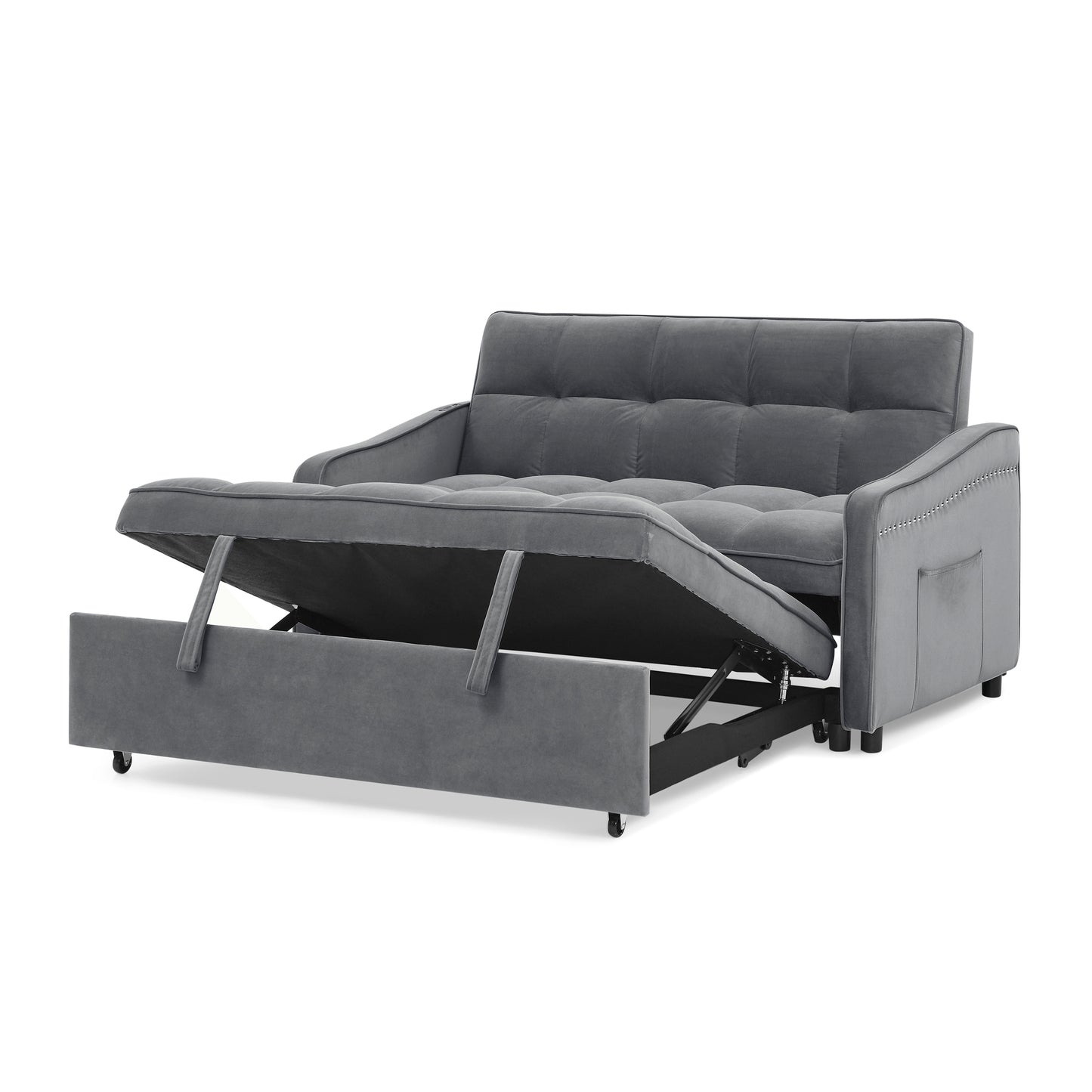 Loveseats Sofa Bed with Pull-out Bed,Adjsutable Back and Two Arm Pocket,TypeC and USB Charging with Copper nail,Grey (47"x53"x31")