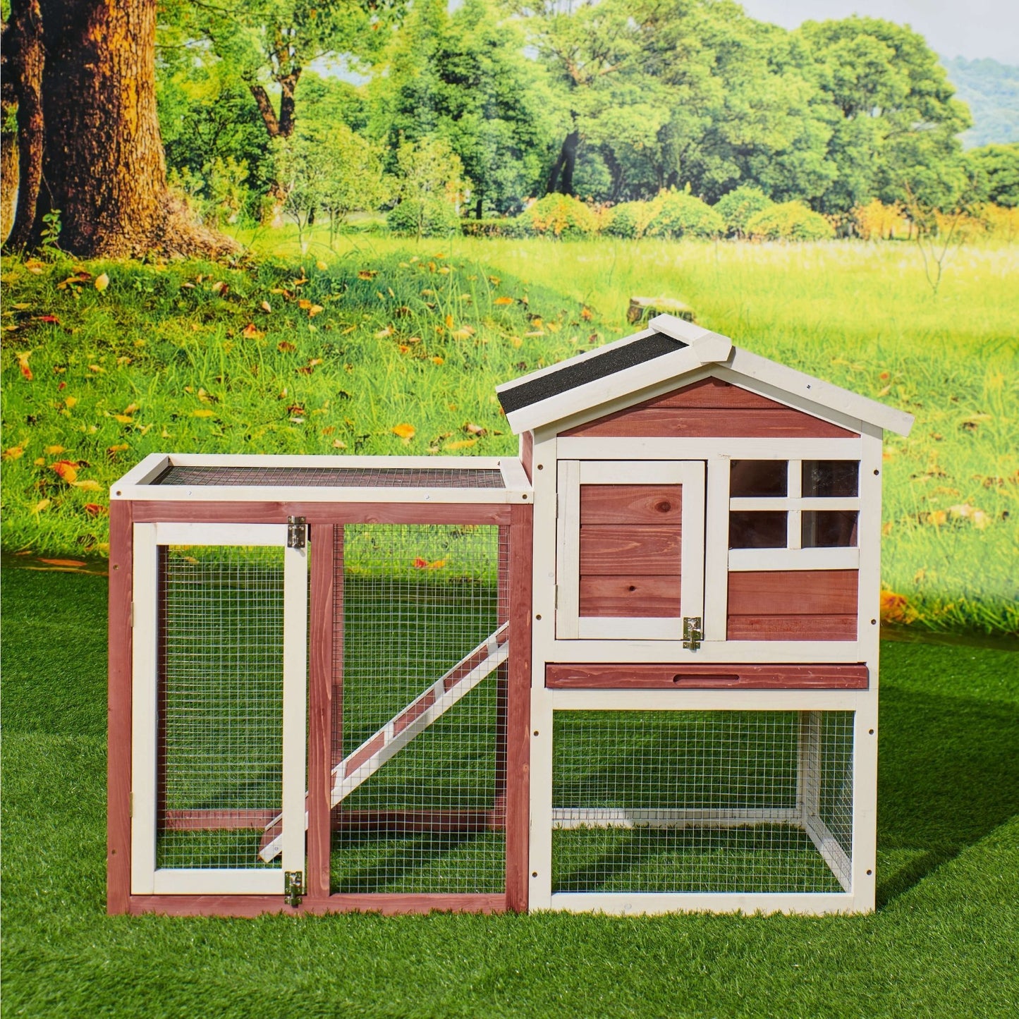 48 in. Large Chicken Coop Wooden Rabbit Hutch Auburn and White