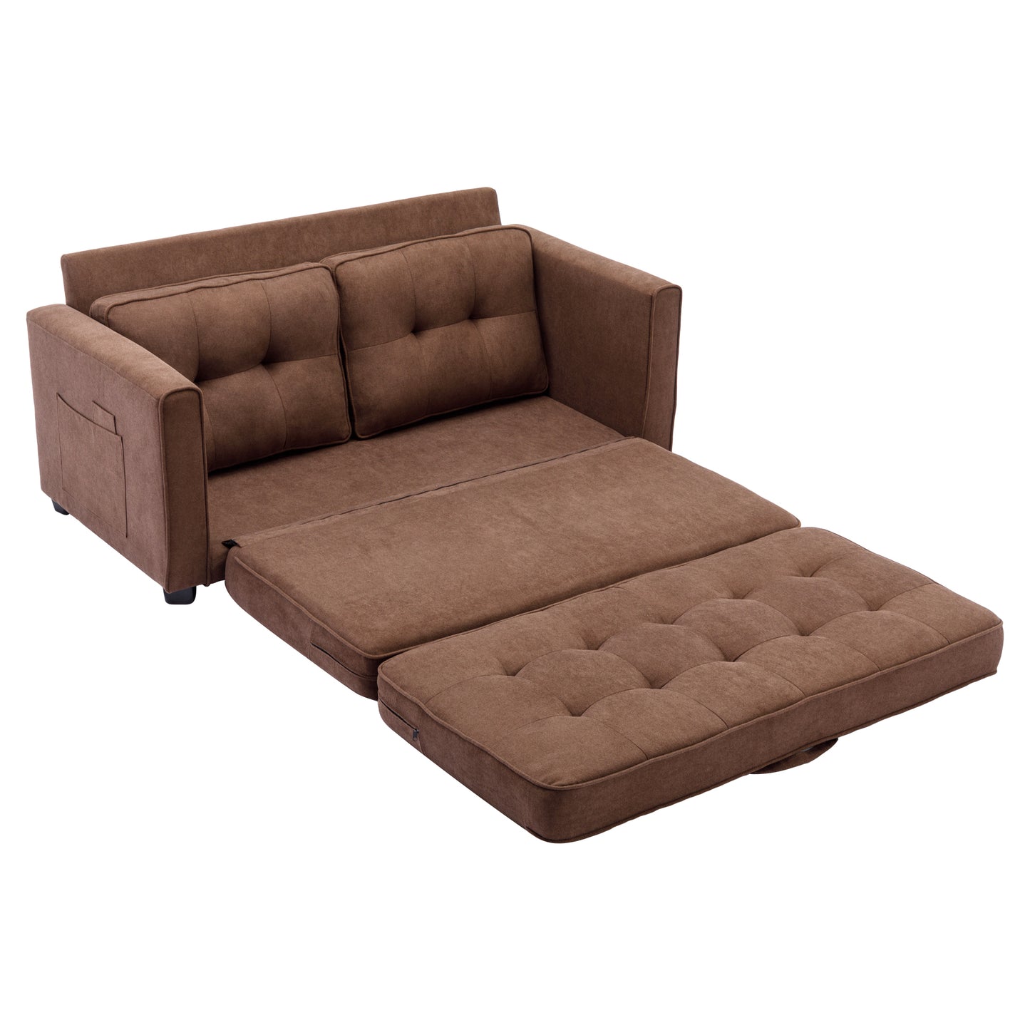 59.4 Pull-Out Loveseat Sofa Bed with Side Pocket, Brown Chenille Upholstered Couch