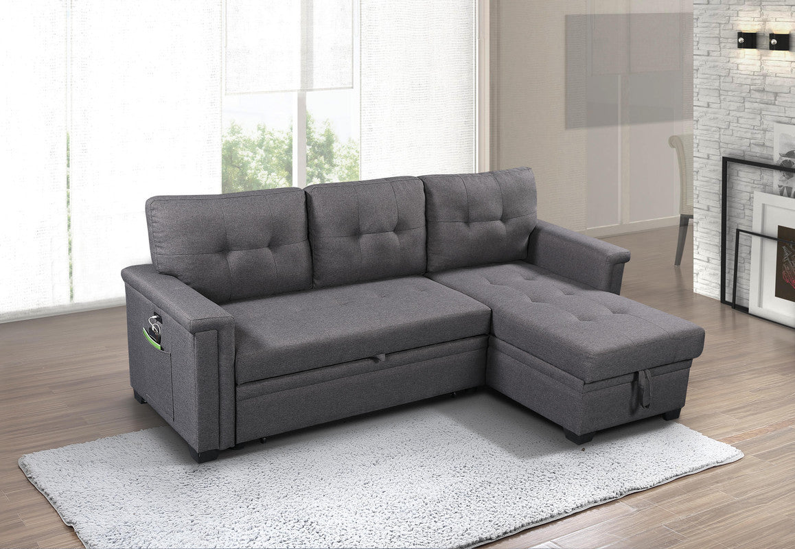 Gray Linen Sleeper Sectional Sofa with Storage Chaise, USB Charging Ports and Pocket