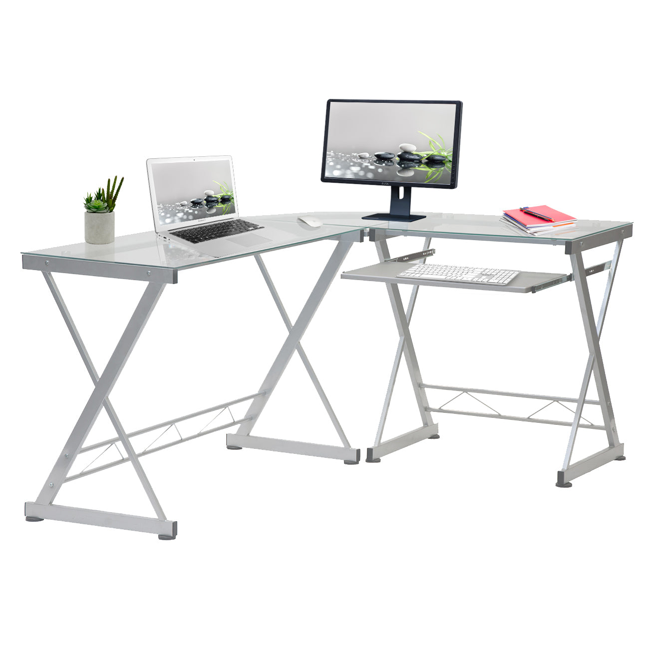 Stylish L-Shaped Tempered Glass Computer Desk with Keyboard Tray, Clear