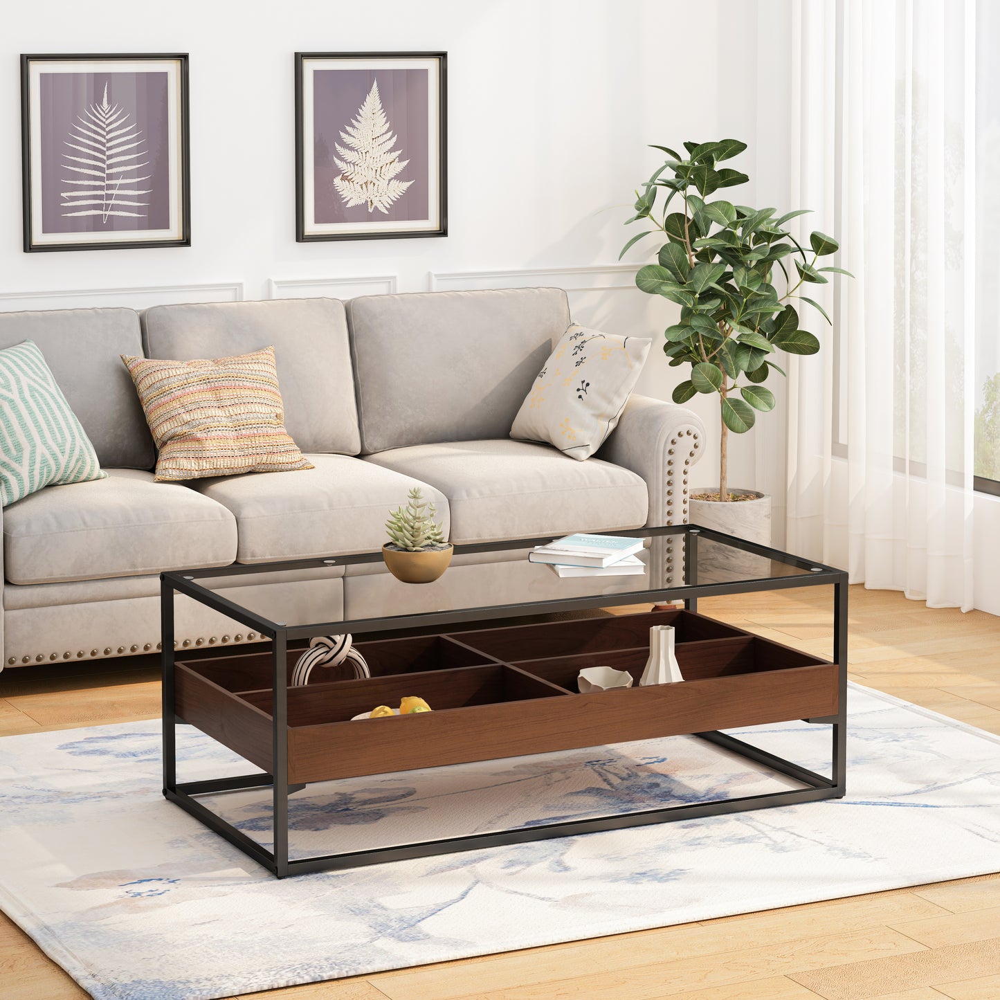 Sleek Glass Coffee Table with Storage Shelf and Metal Legs for Modern Living Rooms