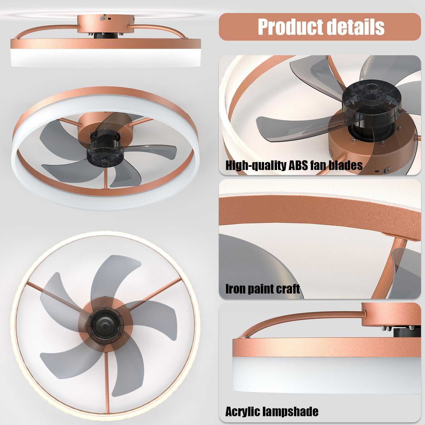 Rose Gold Modern Ceiling Fan with Dimmable LED Lights