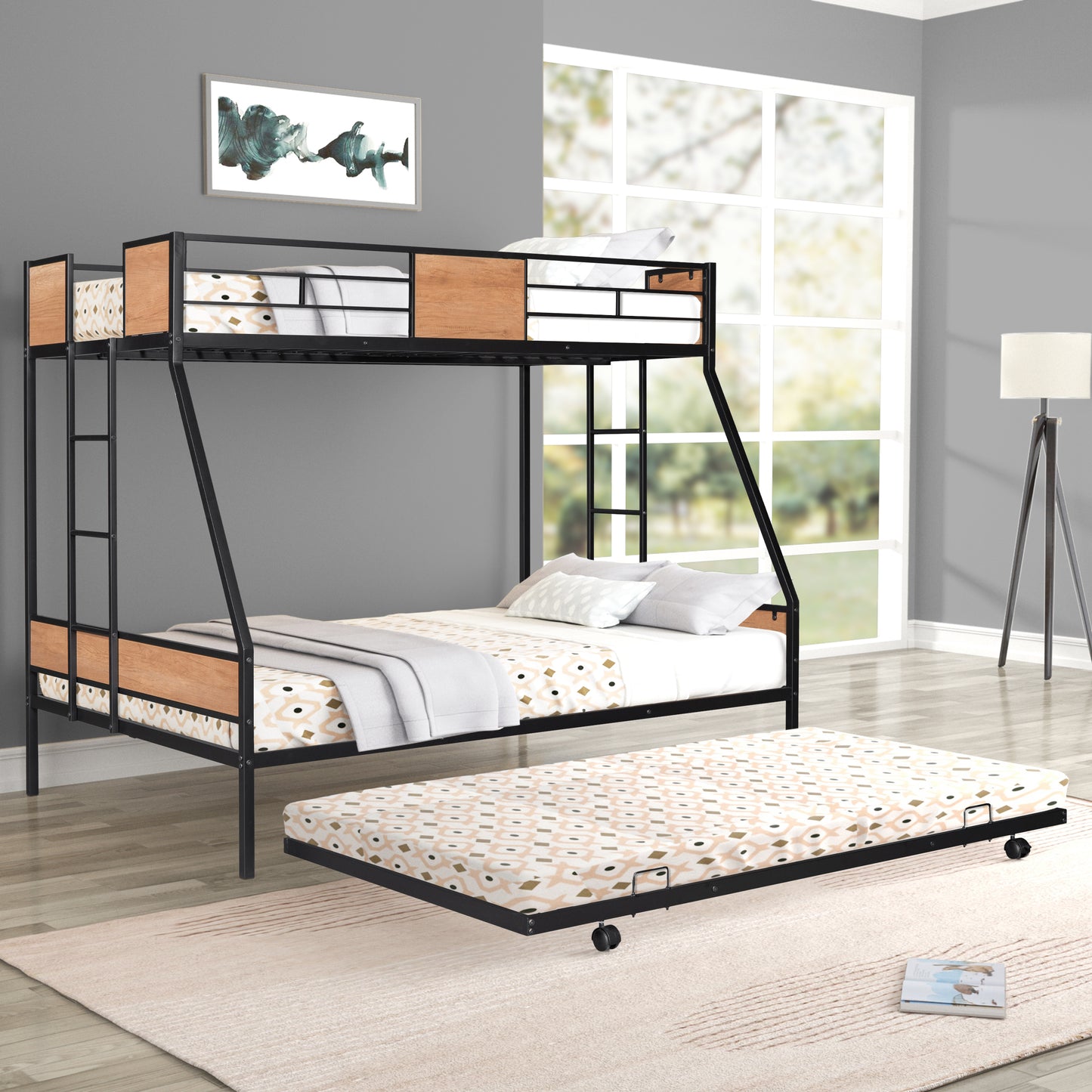 Metal Triple Sleeper Bunk Bed with Trundle and Soundproof Design and Safety Features