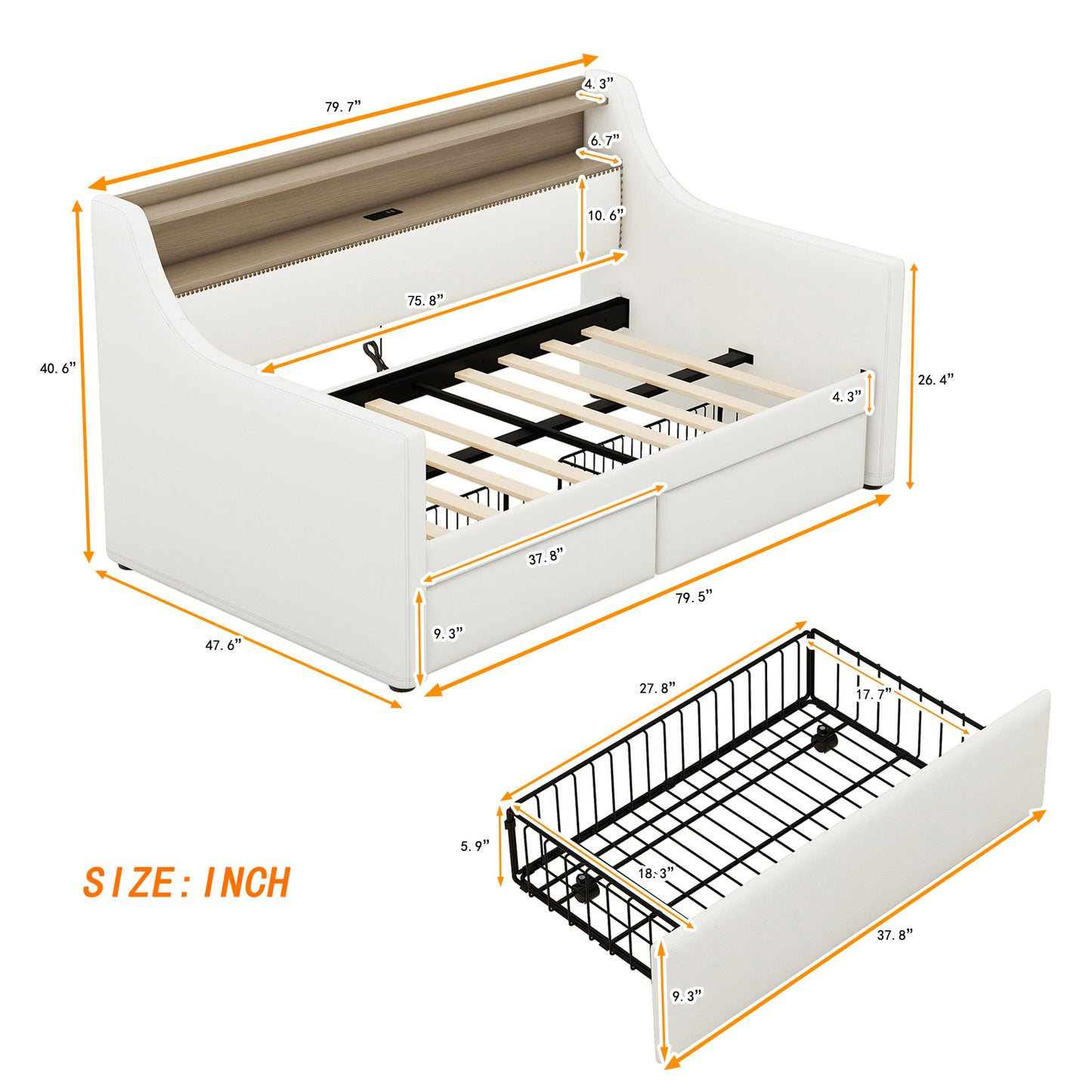 Twin Size Daybed with Storage Drawers, Upholstered Daybed with Charging Station and LED Lights, White