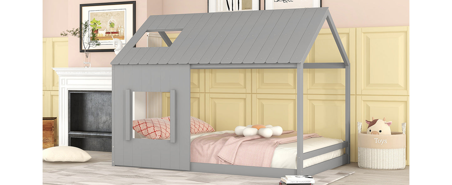 Full Size House Bed with Roof and Window - Gray