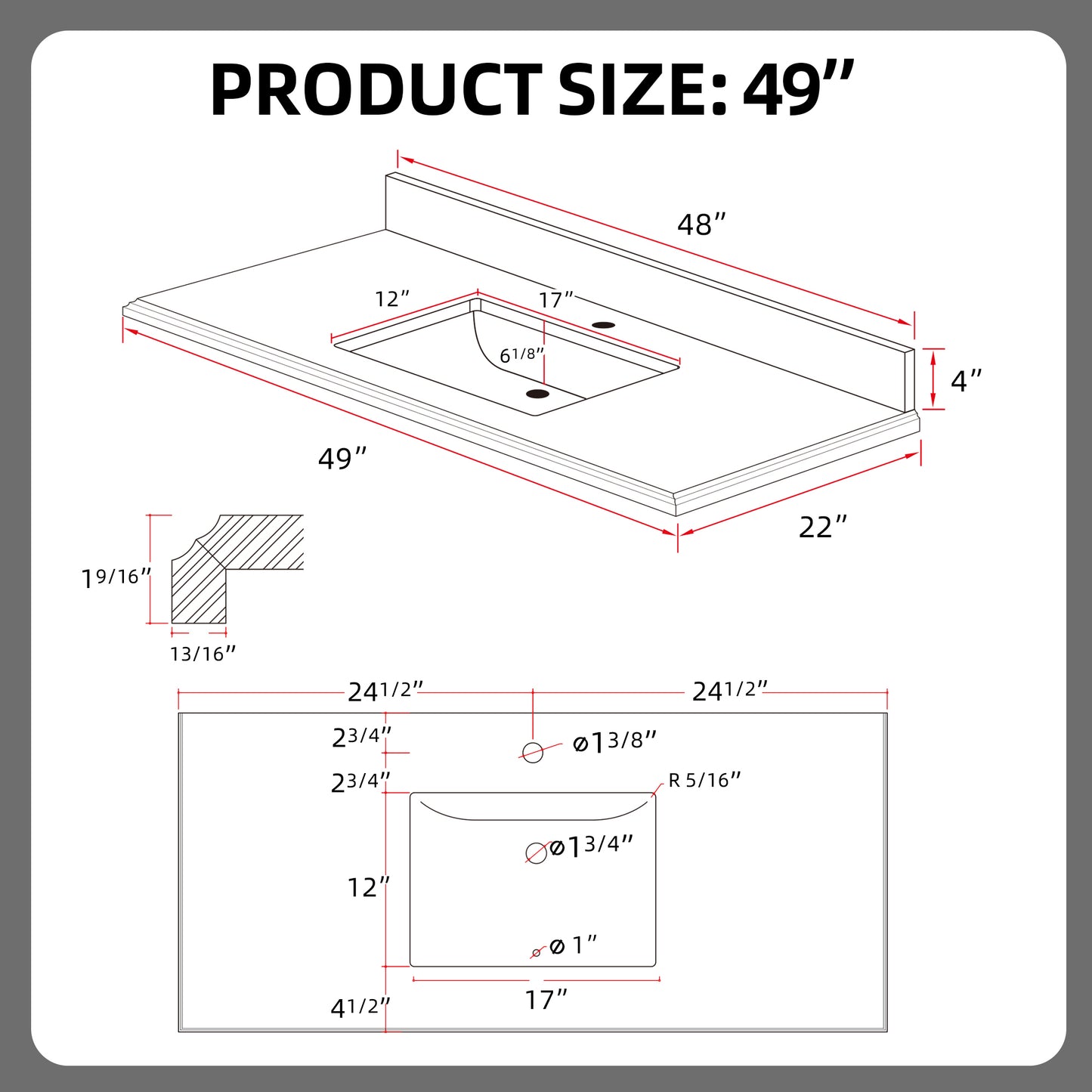 49 Inch Quartz Vanity Top with Undermounted Rectangular Ceramic Sink & Backsplash, White Carrara Engineered Stone Countertop for Bathroom Kitchen Cabinet 1 Faucet Hole (not Include Cabinet)