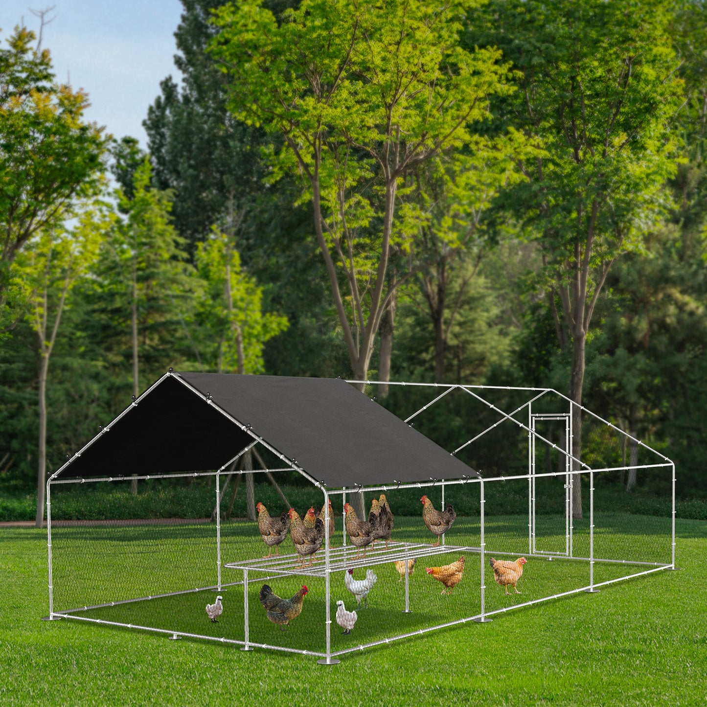 Large metal chicken coop, walk-in chicken coop, galvanized wire poultry chicken coop, rabbit duck coop with waterproof and UV protection cover for outdoor, backyard and farm. 9.8' W x 19.7' D x 6.6' H