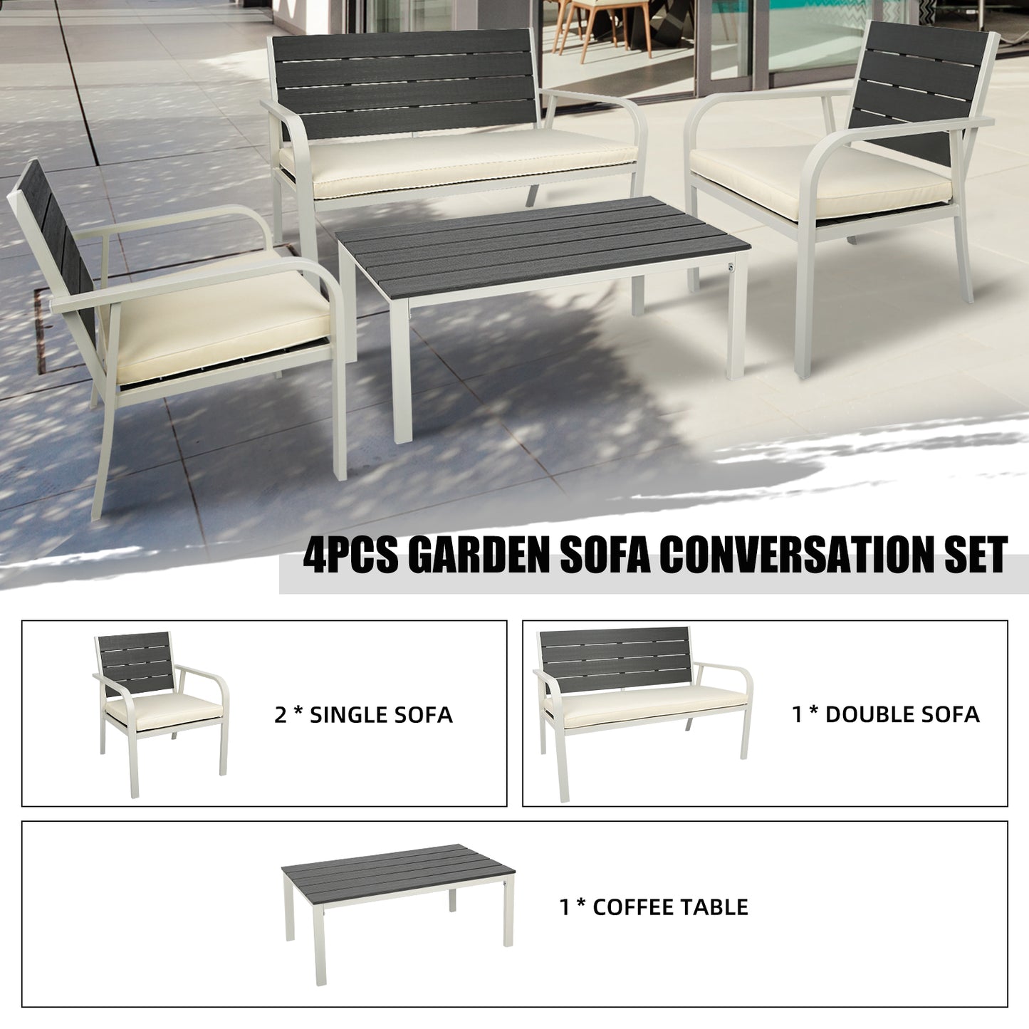 4-Piece White Outdoor Patio Furniture Set with Wood Grain Design