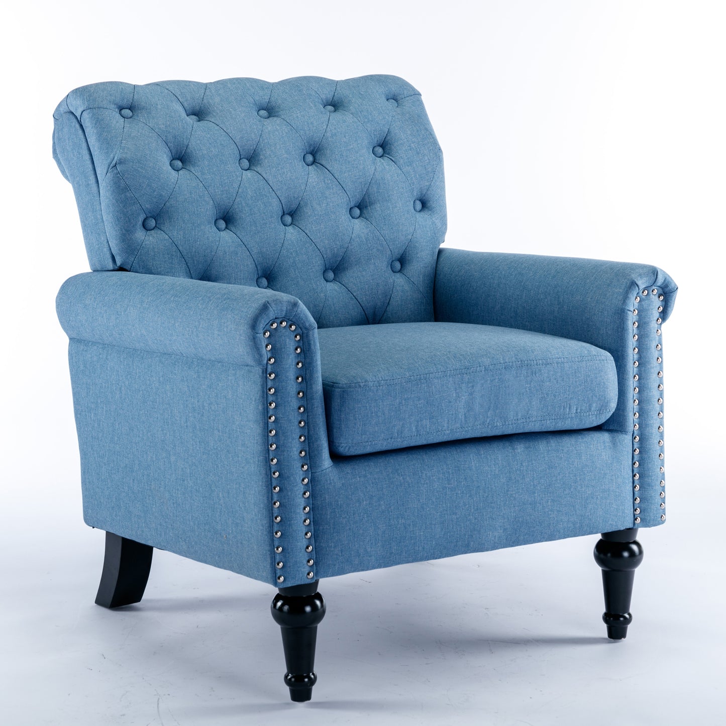 Accent Chairs for Bedroom, Midcentury Modern Accent Arm Chair for Living Room, Linen Fabric Comfy Reading Chair, Tufted Comfortable Sofa Chair, Upholstered Single Sofa, Blue